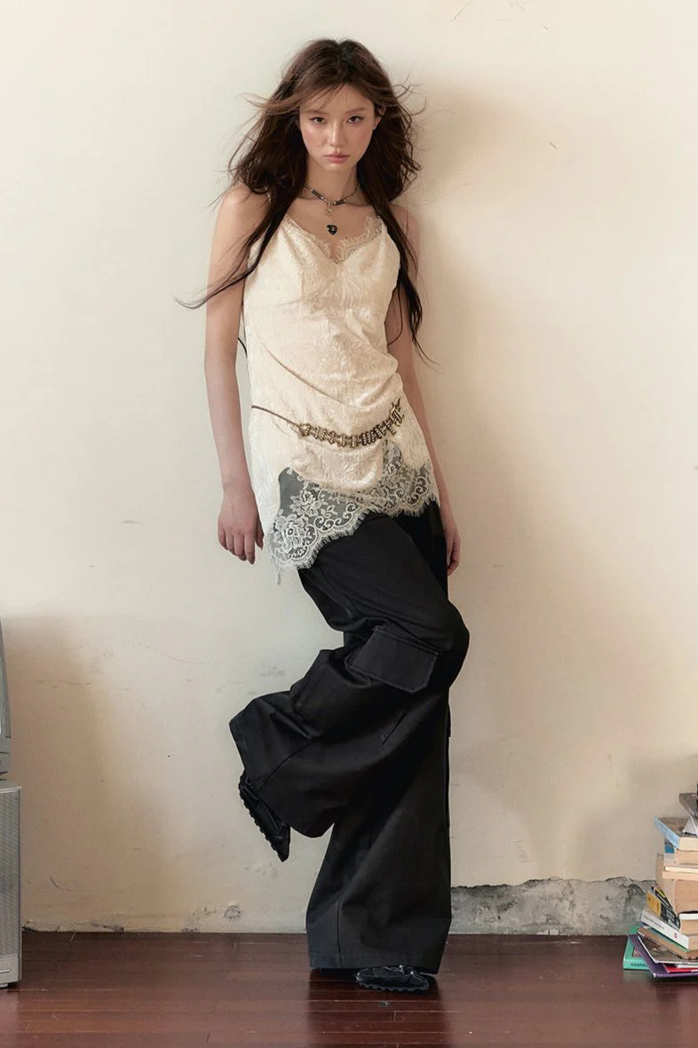 Lace Stitched Slim Midi Camisole Tops