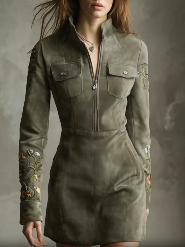 Green Embroidered Faux Suede Half-zip Mini Dress