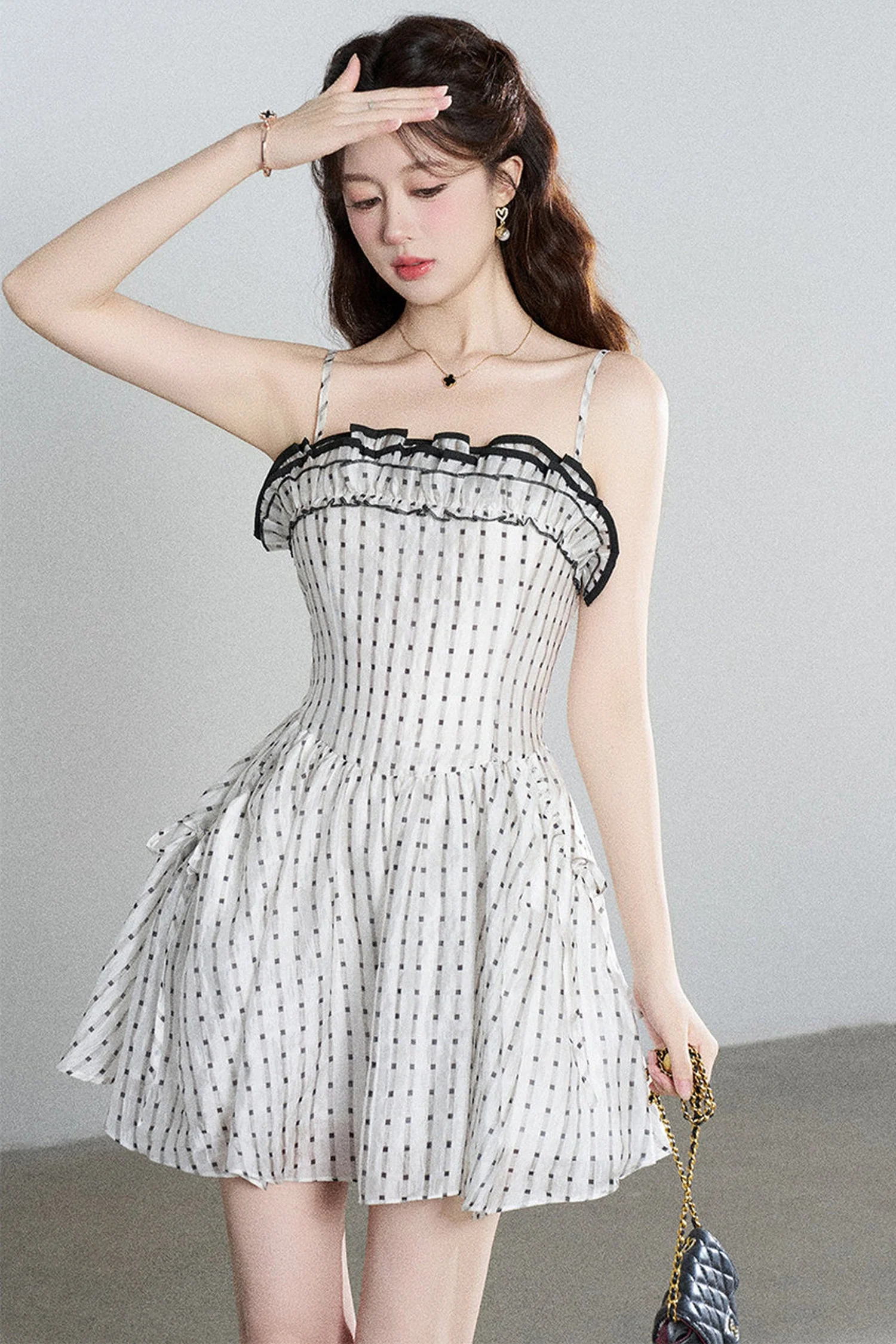 Petite Ruffled Plaid Chiffon Camisole Dress Set-Up - gxfjsh
