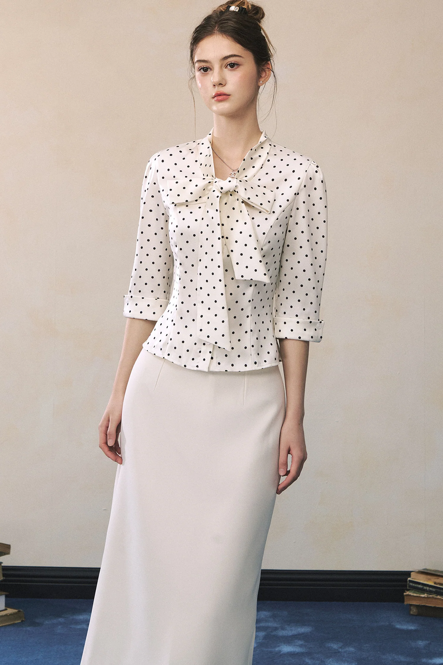 Polka Dot Satin Bow Tie Shirt and Skirt Set-UP - gxfjsh