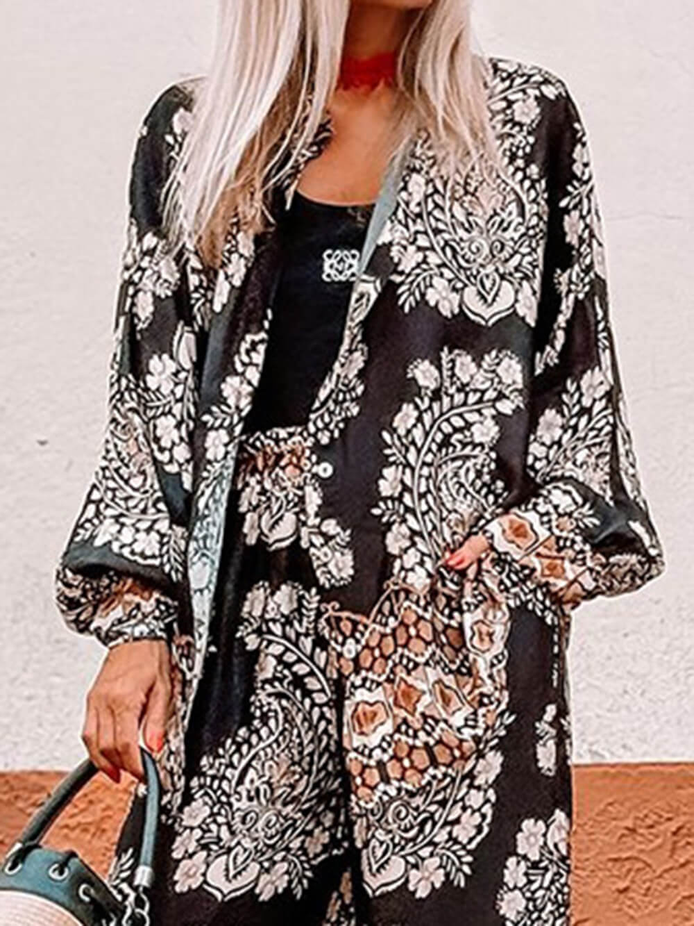 Casual Floral Print Loose Elastic Waist Pocket Wide Leg Pants