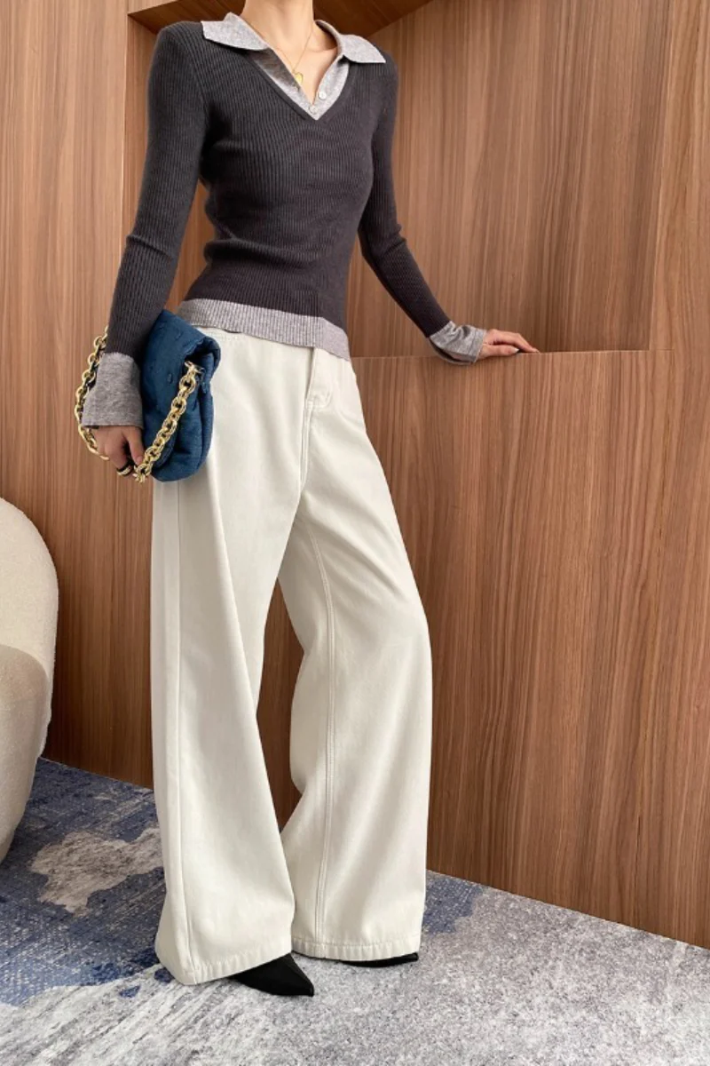 Color Block Faux Two Piece Collar Slim Knit Blouse