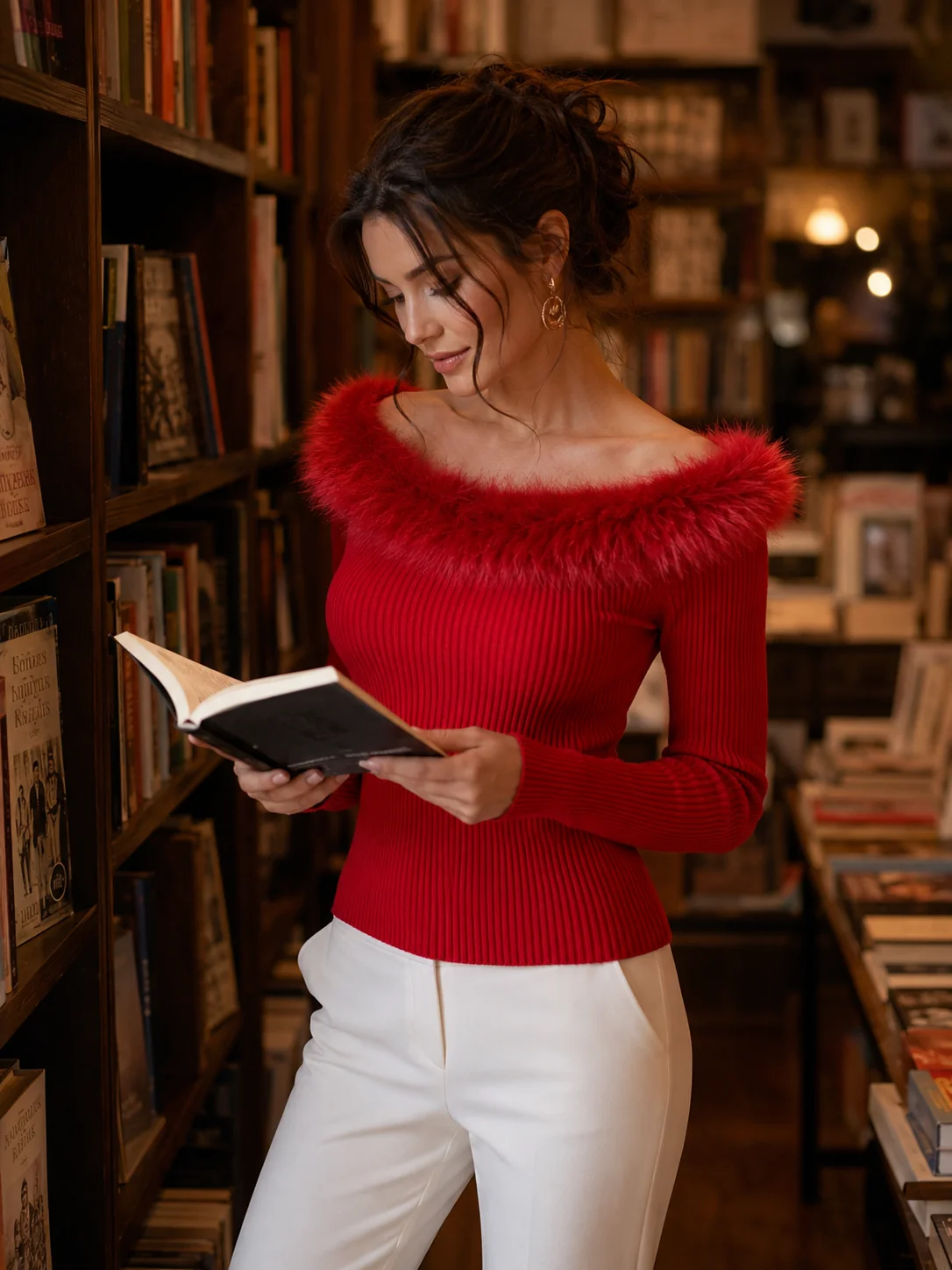Off-the-Shoulder Faux Fur Collar Ribbed Knit Sweater - kaehukai