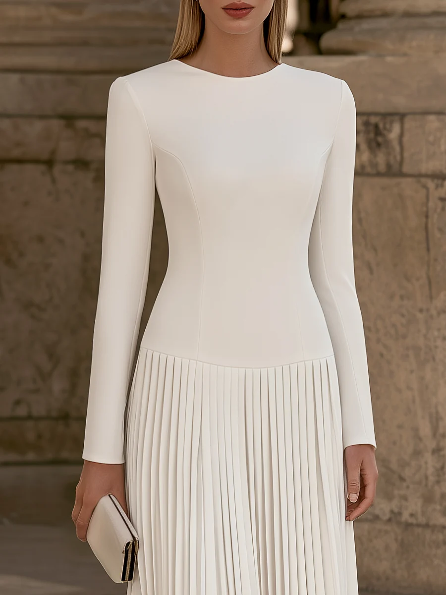 Elegant Long Sleeve Pleated Drop-Waist Maxi Dress - kaehukai