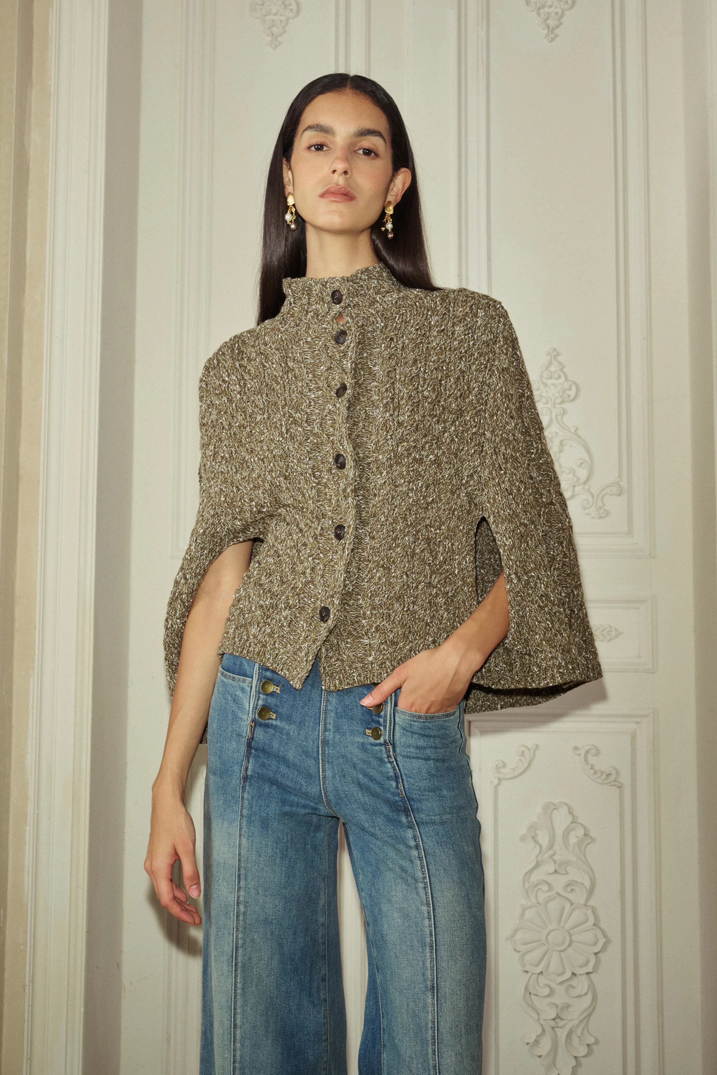Cable knit mock-neck cape