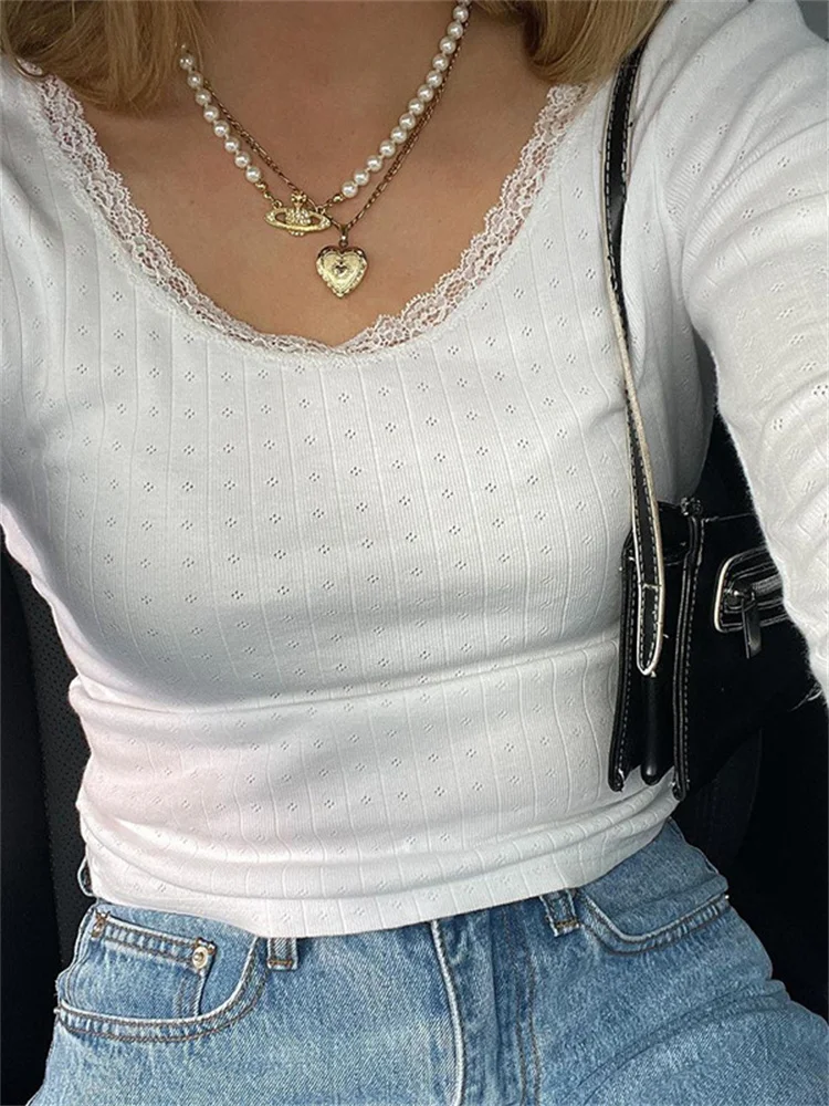 Fairycore Vintage Ribbed Knitted Cute White Casual T-shirts - malitai