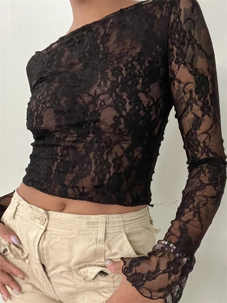 Slash Neck Off Shoulder Lace See-Through Long Sleeve Casual Pullover Club T-shirts - malitai