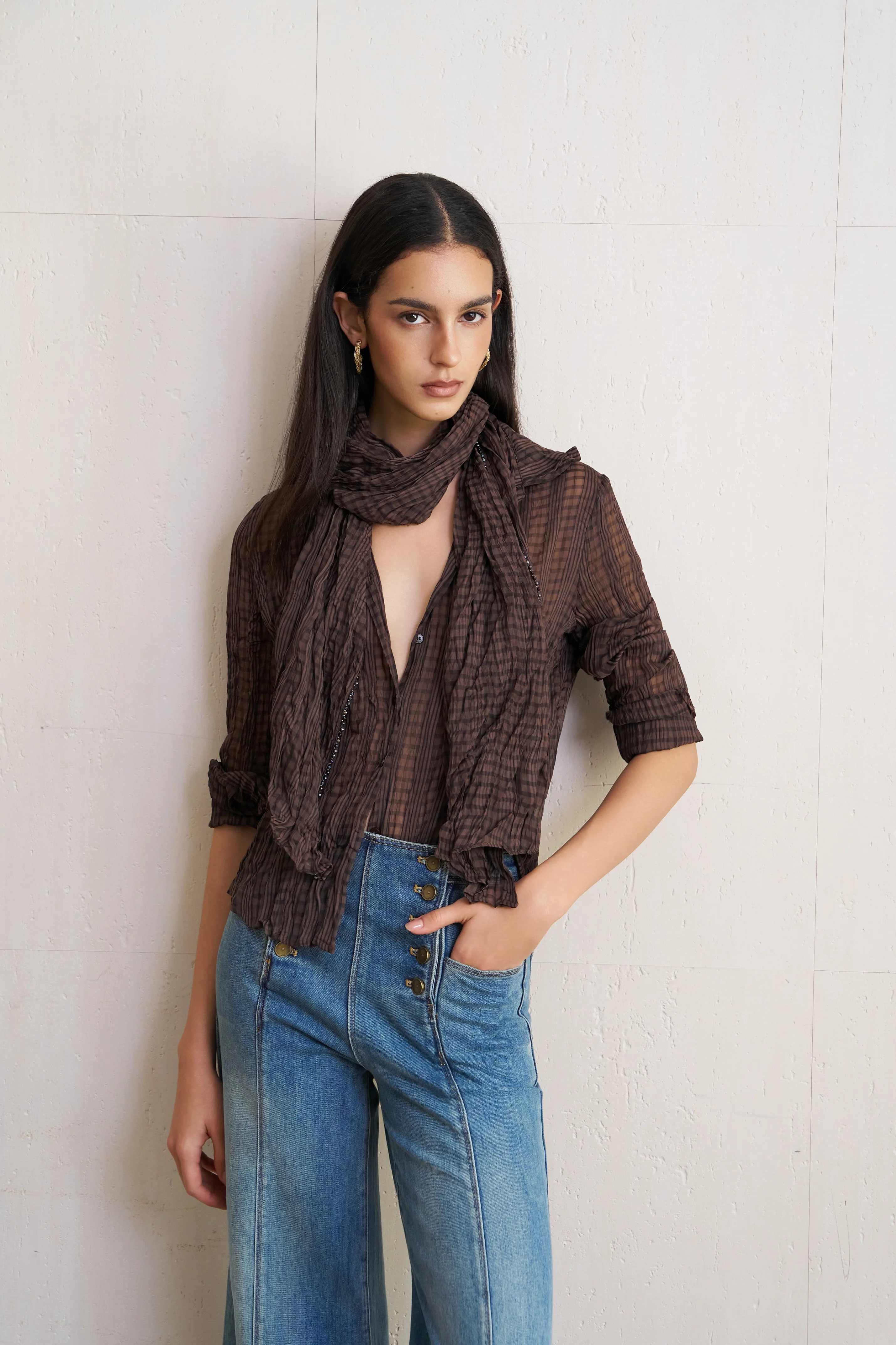 Crinkle check shirt with beaded scarf