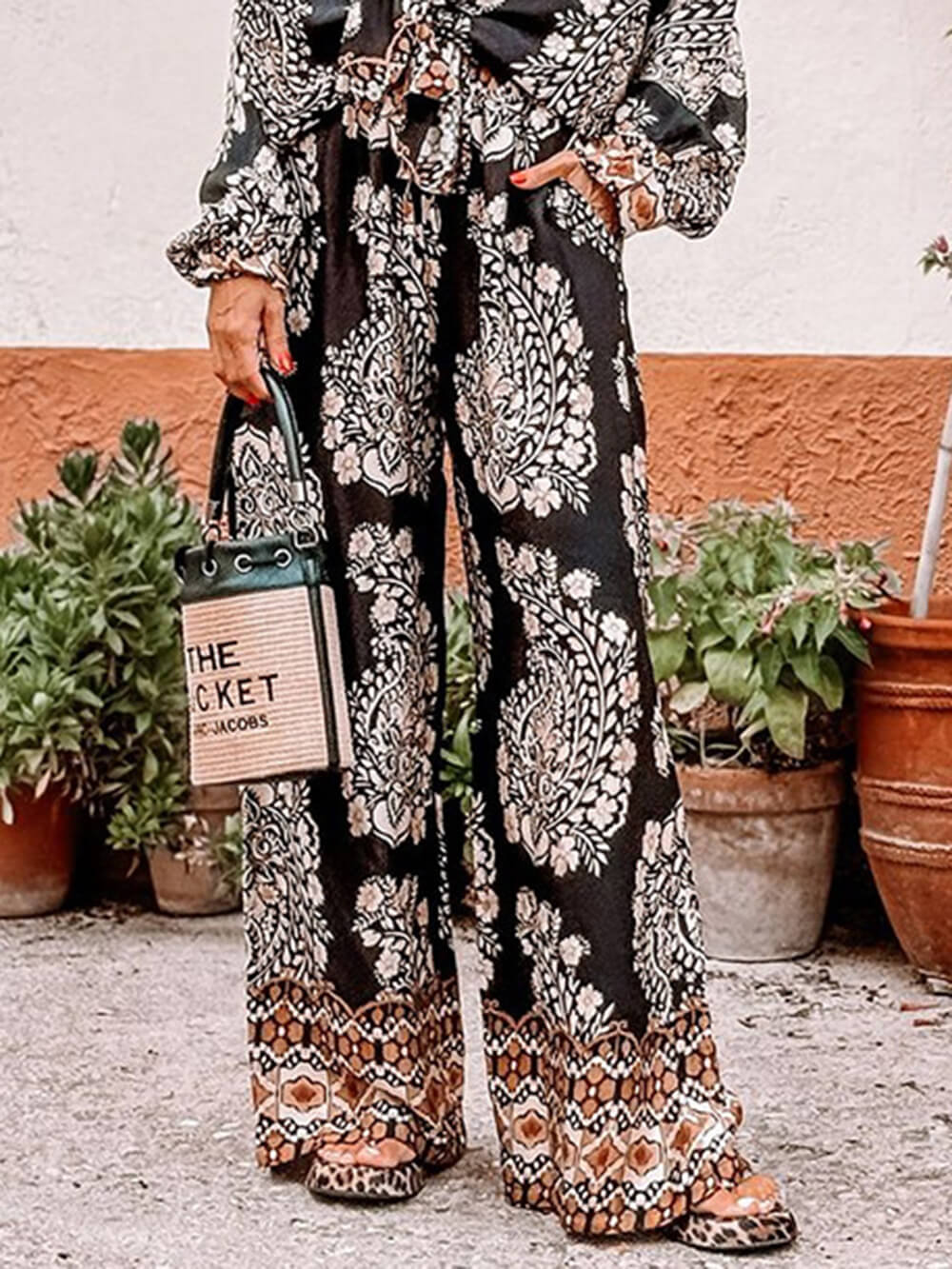 Casual Floral Print Loose Elastic Waist Pocket Wide Leg Pants