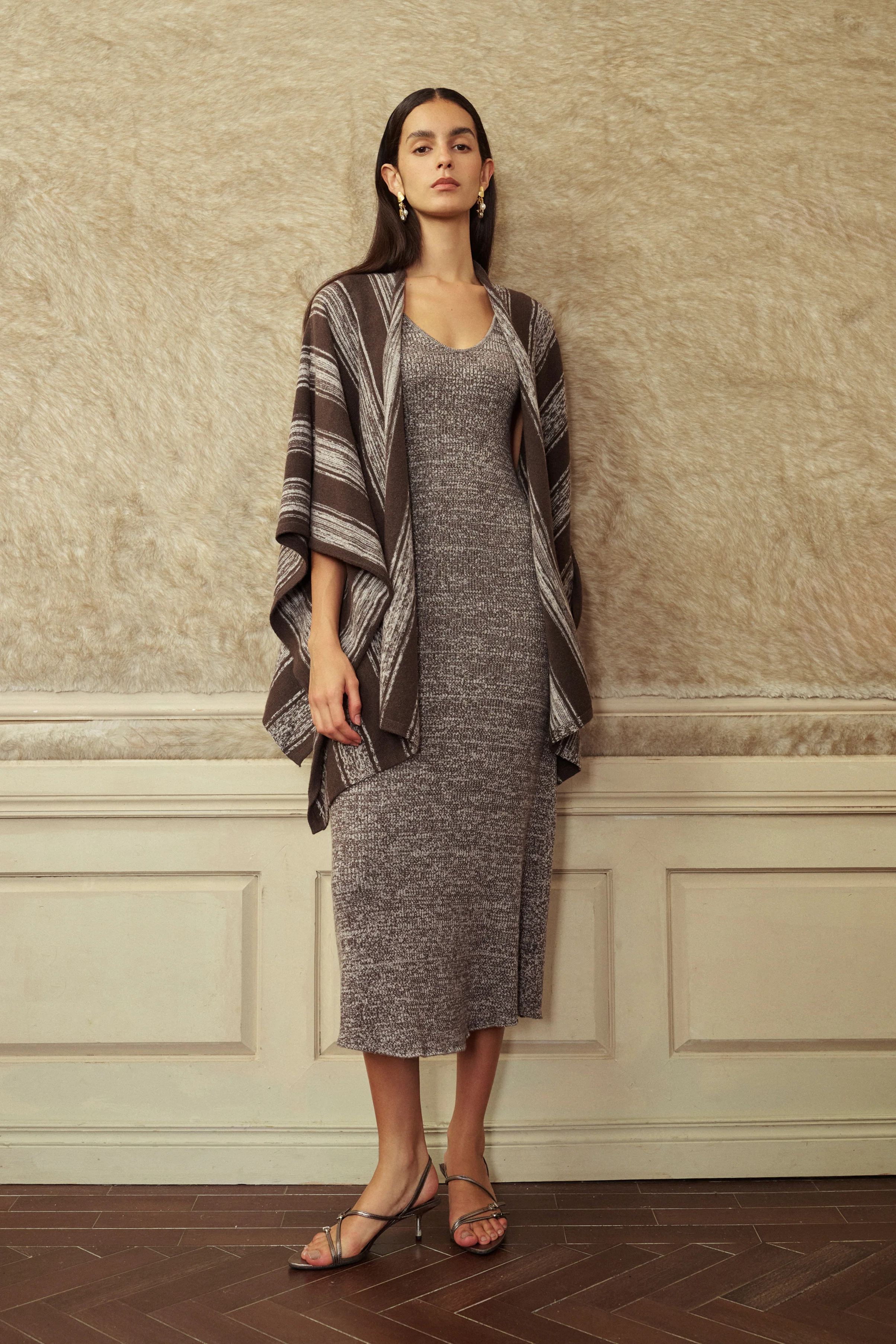 Marled knit midi dress & striped wrap set
