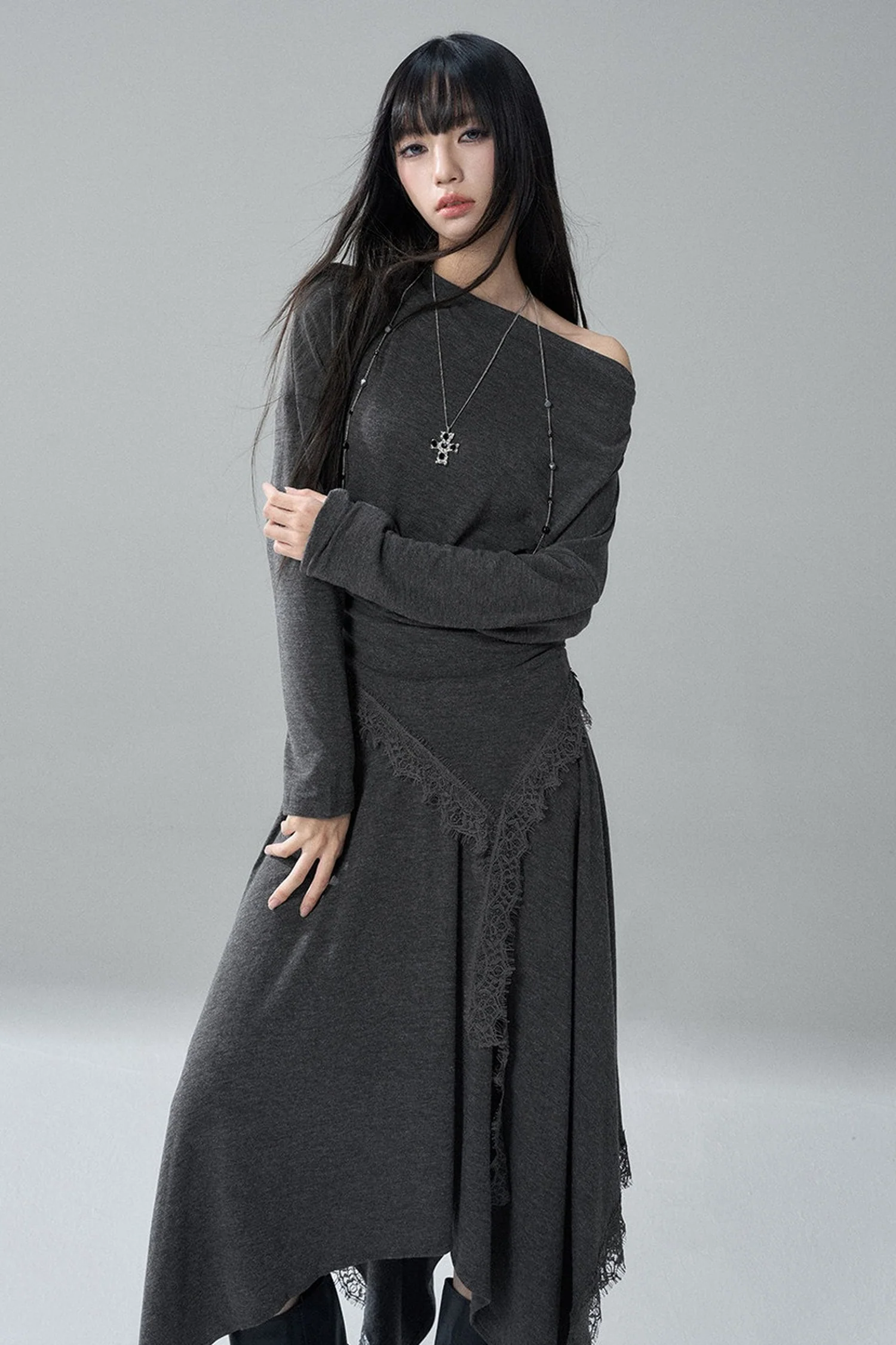Gray Off-Shoulder Top and Irregular Hem Skirt Set-Up - gxfjsh