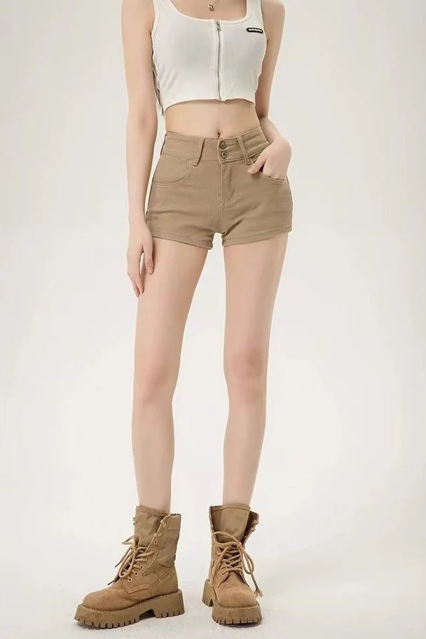 High Rise Curvy Fit Khaki Denim Shorts - malitai