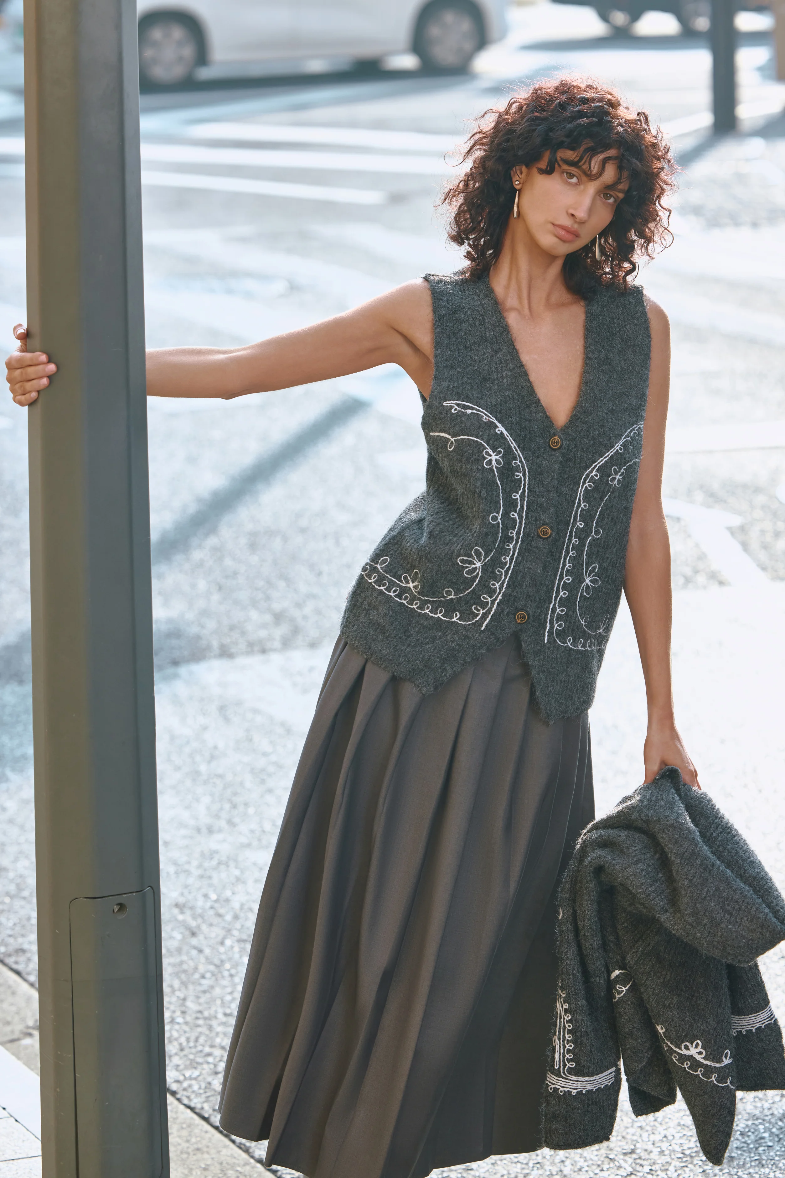 Embroidered wool blend vest