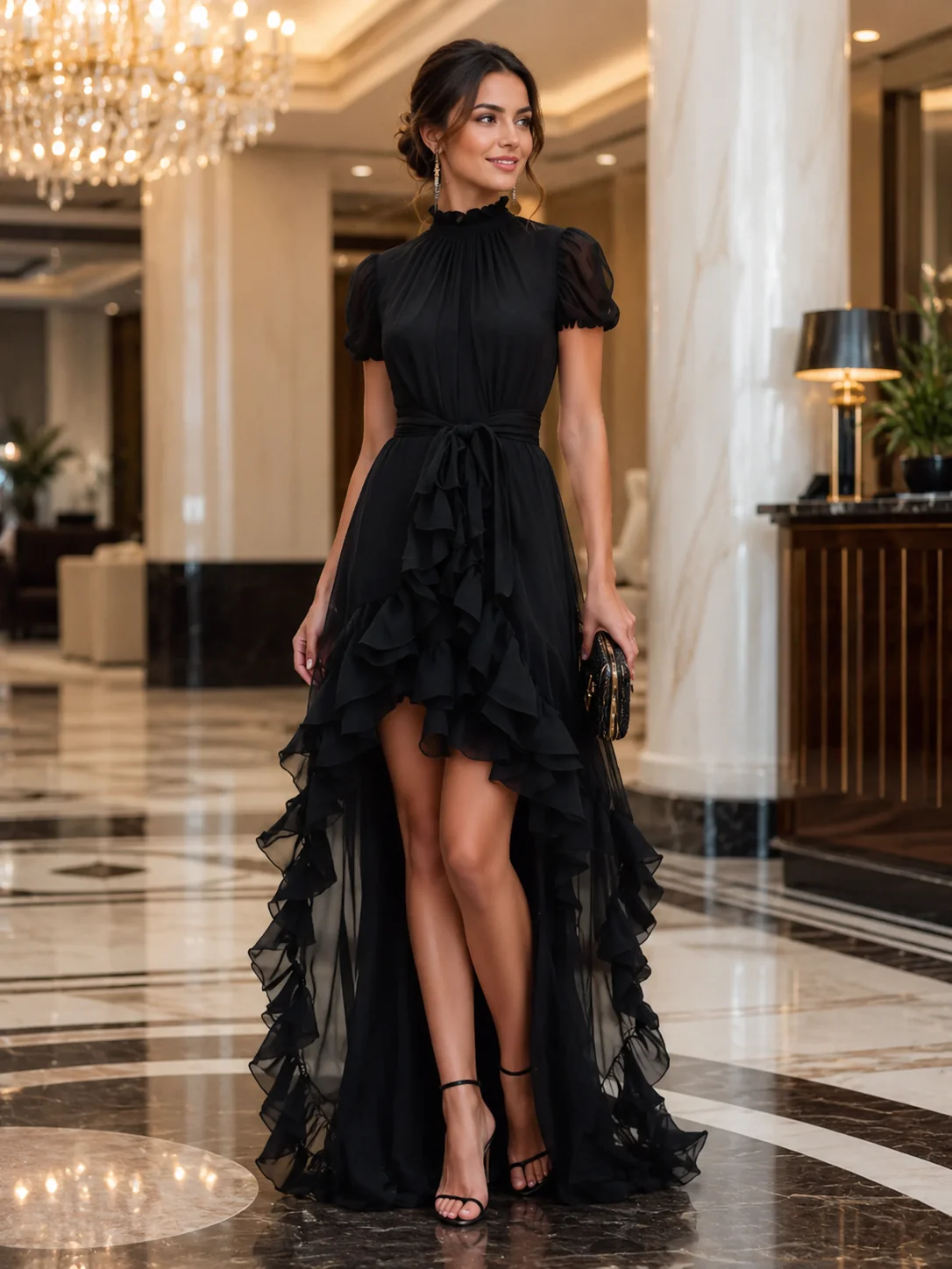 Sheer Ruffle High-Low Tie Waist Maxi Dress - kaehukai