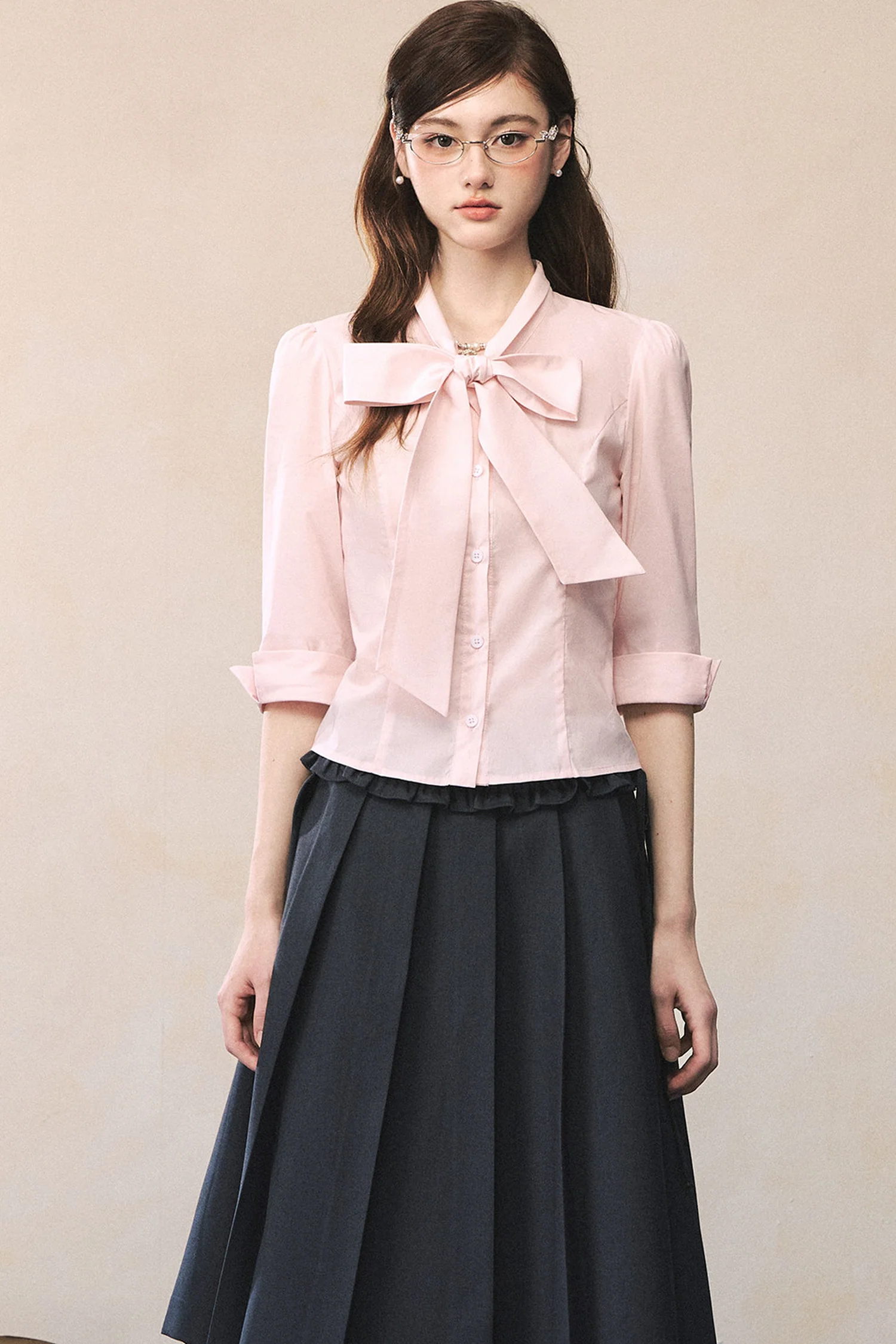 Pink Butterfly Tie-Neck Long-Sleeve Shirt - gxfjsh