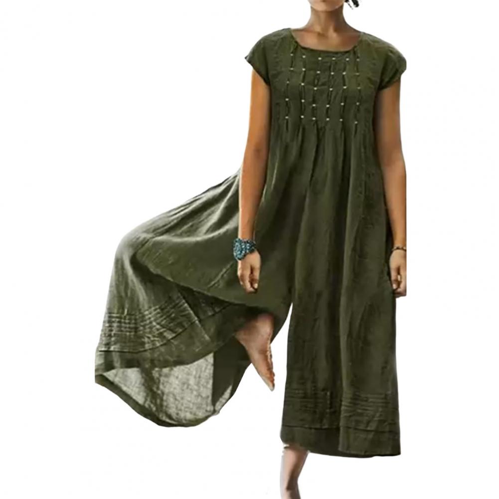Women Loose Solid Color O Neck Elegant Vintage Wide Leg Jumpsuit