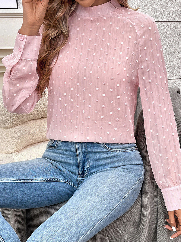 Long Sleeves Loose Buttoned Hollow Jacquard Solid Color Mock Neck Blouses&Shirts Tops