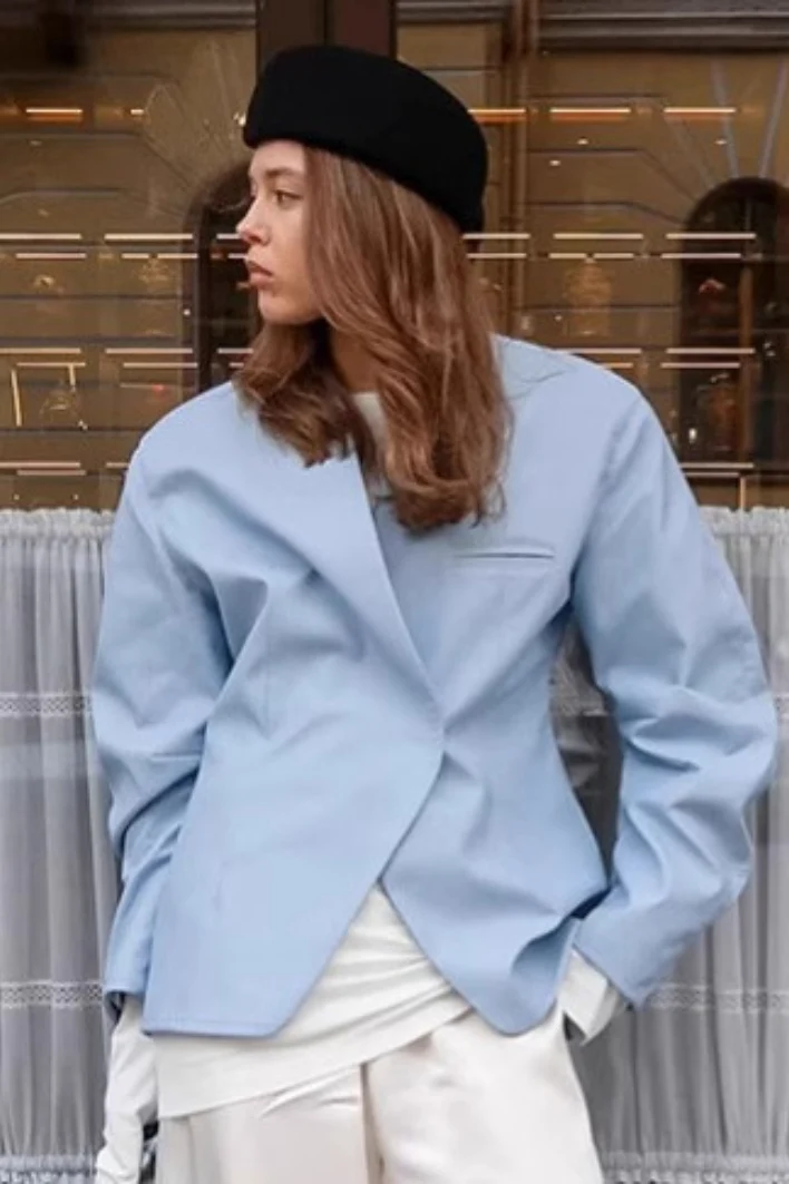 Street Style Blue Relaxed Blazer - malitai