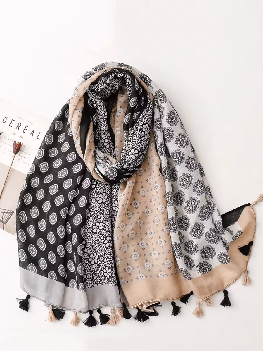 Women Retro Geometric Flower Tassel Shawl Scarf