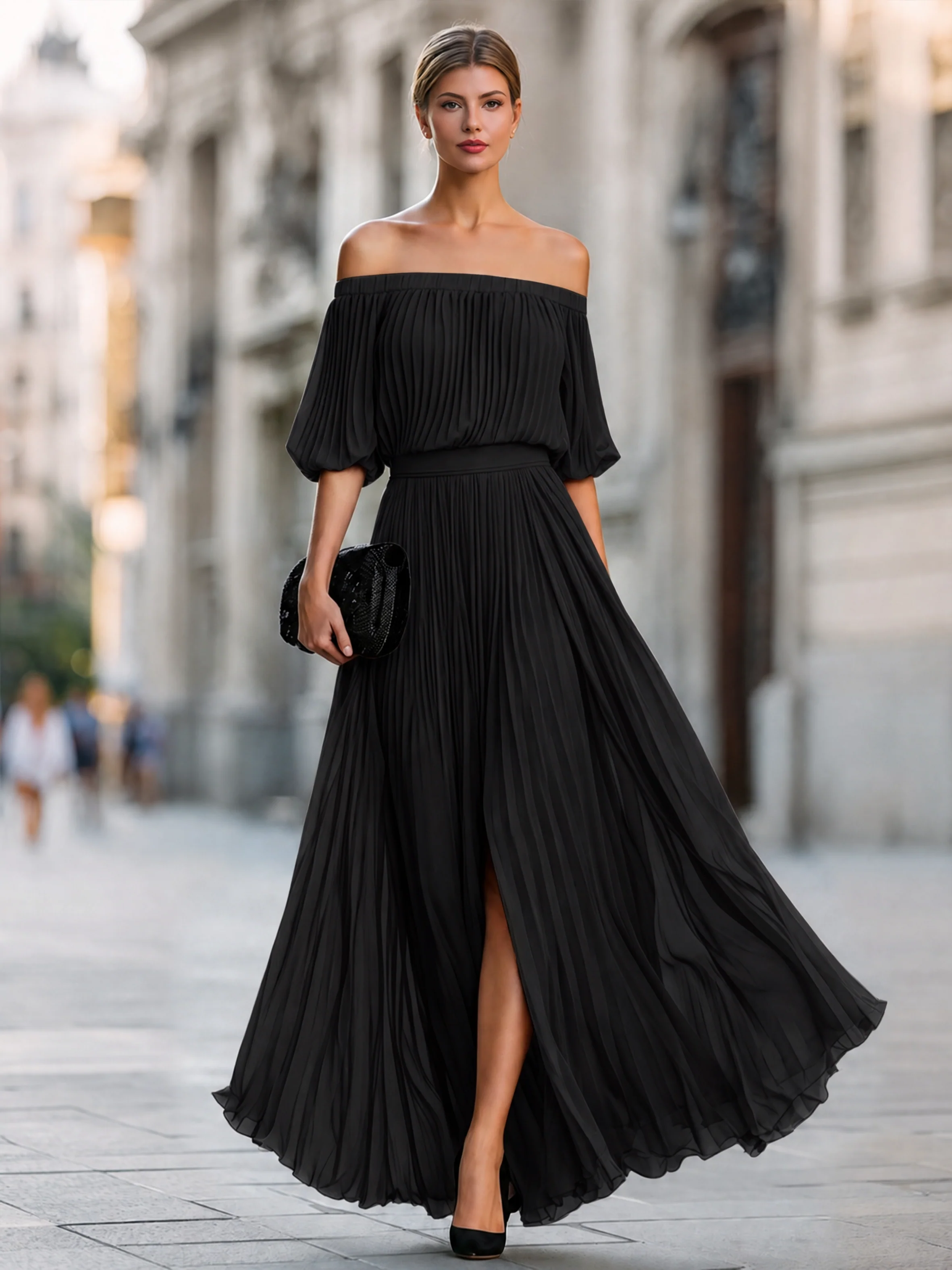 Off-Shoulder Pleated Chiffon Maxi Dress - kaehukai