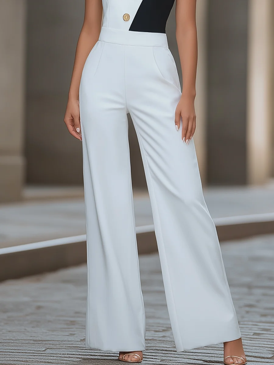 One-Shoulder Contrast Buttoned Wide-Leg Jumpsuit - kaehukai