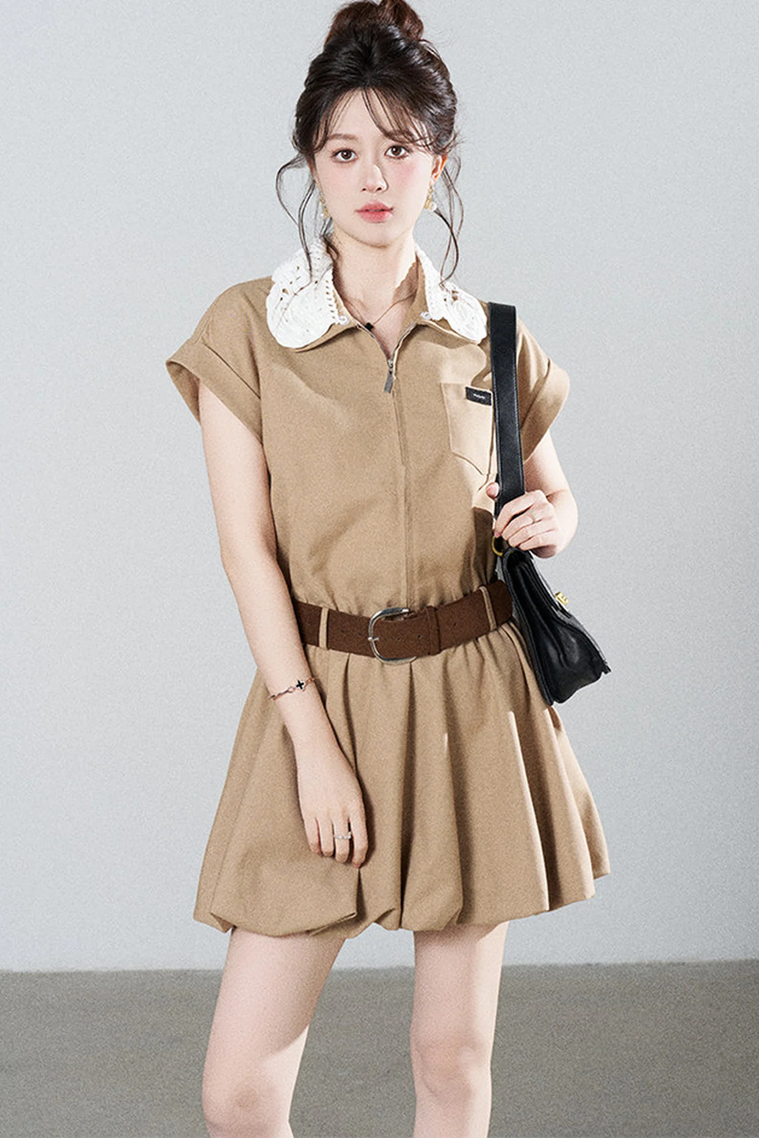 French Khaki Puff Dress - gxfjsh