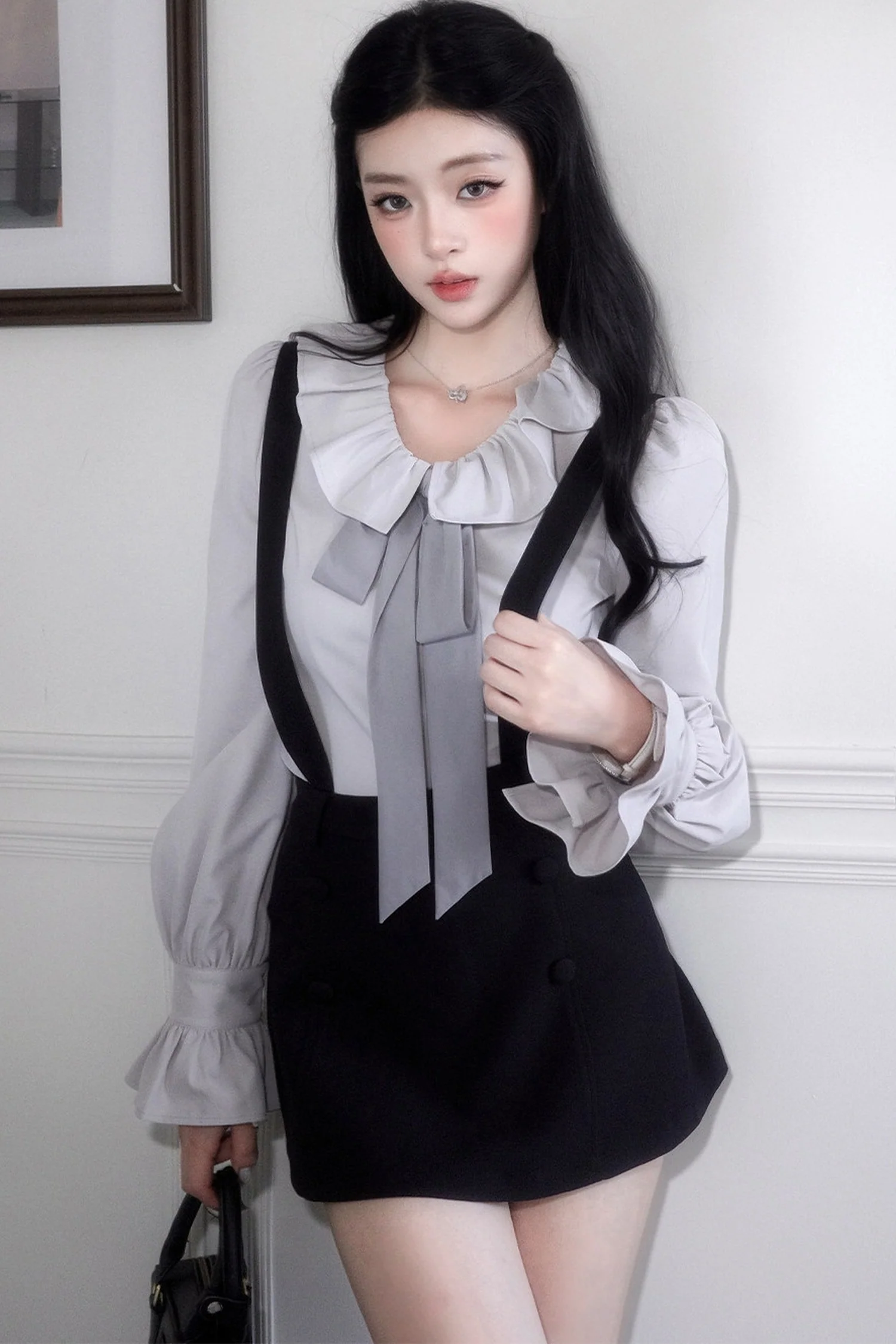 Collar Blouse And Suspender Skirt Set-Up - gxfjsh