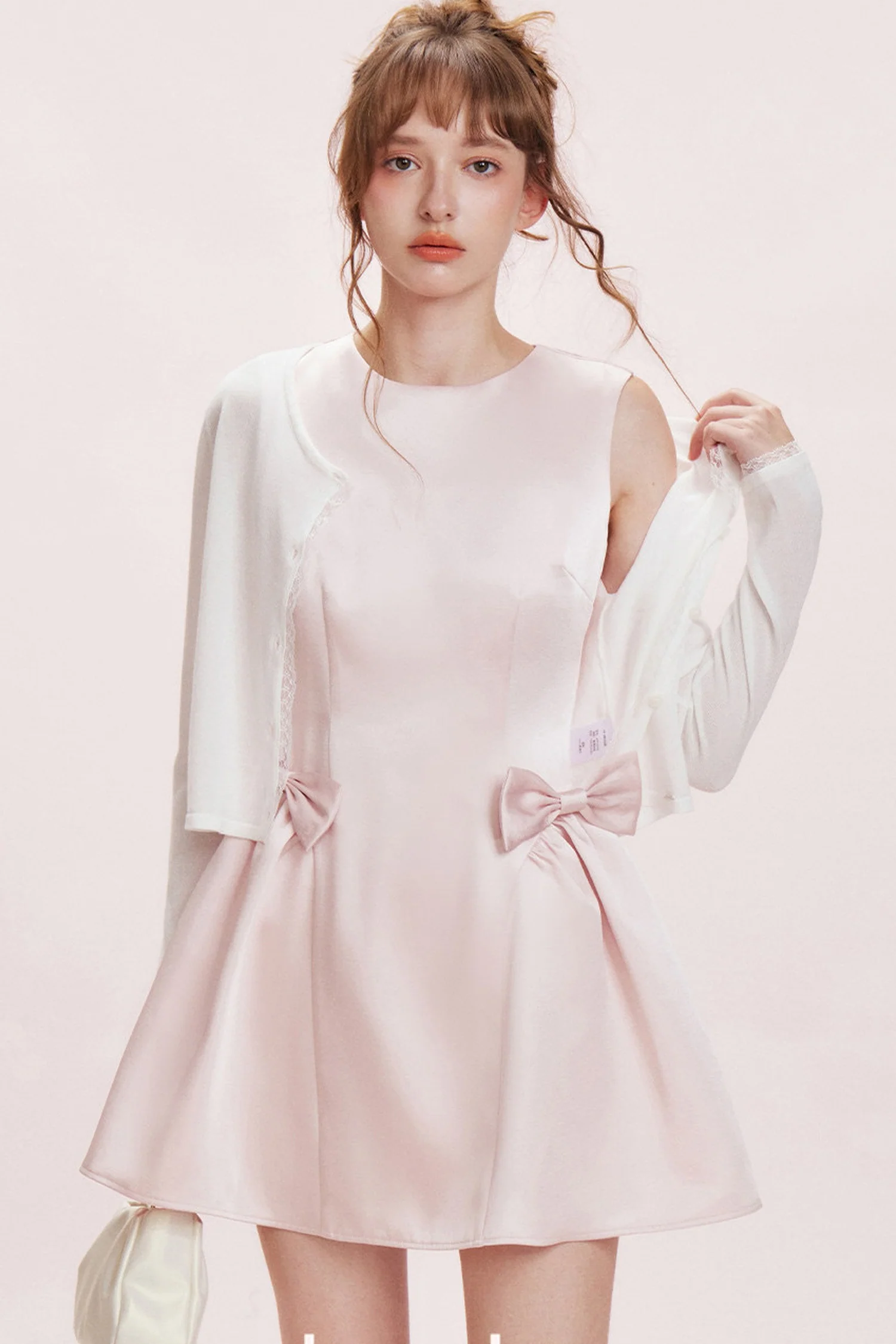Double Bow Satin Vest Dress and Cardigan Set-Up - gxfjsh