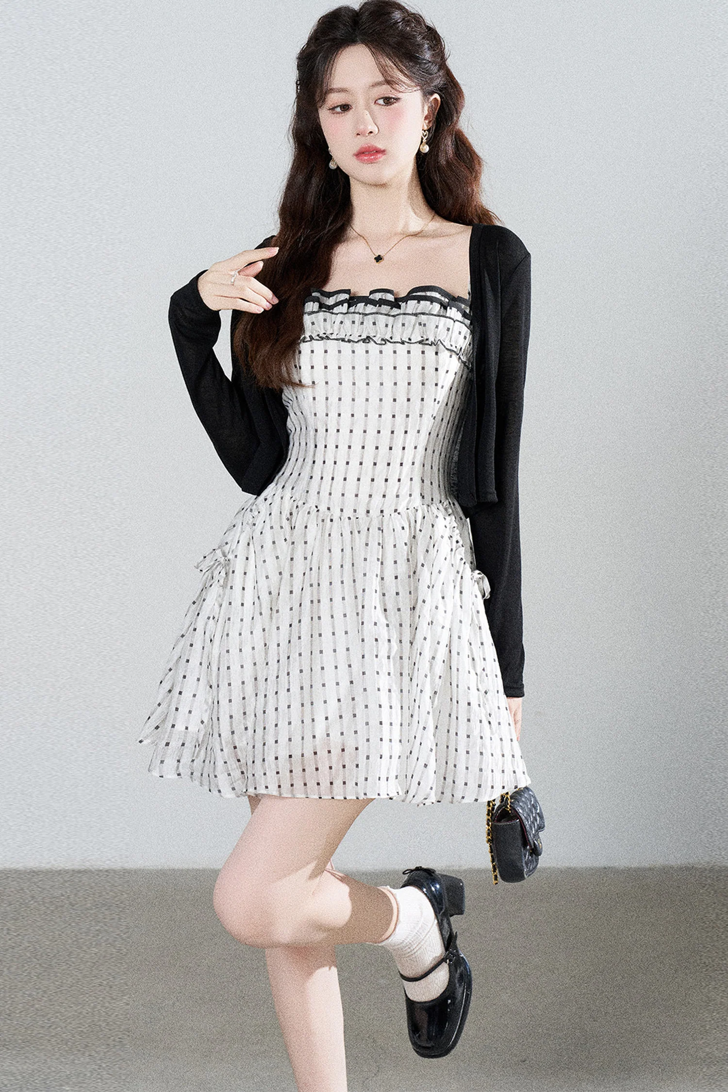Petite Ruffled Plaid Chiffon Camisole Dress Set-Up - gxfjsh
