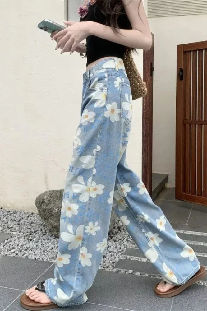 Washed Floral Print Baggy Jeans