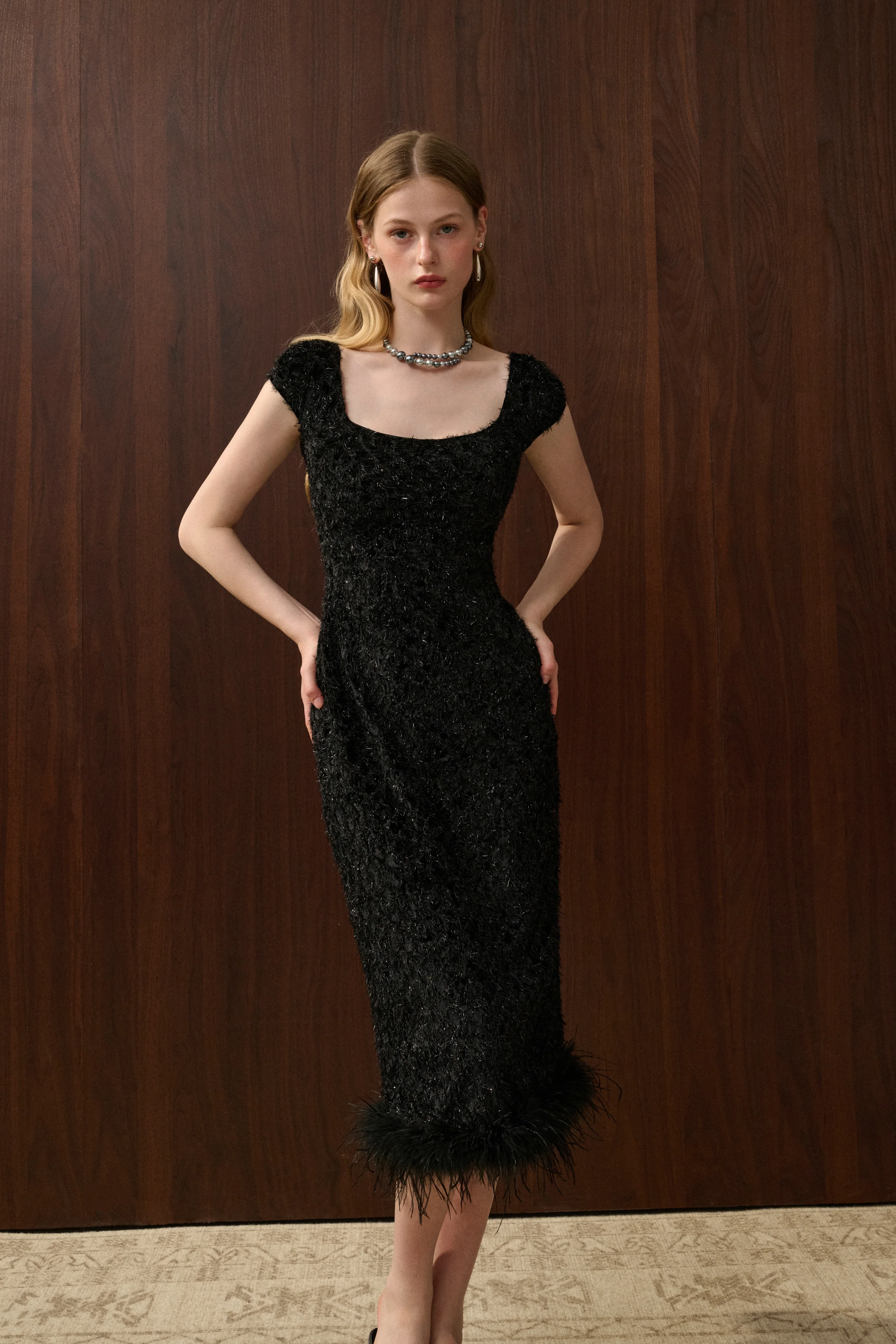 Fringed square neck velvet dress