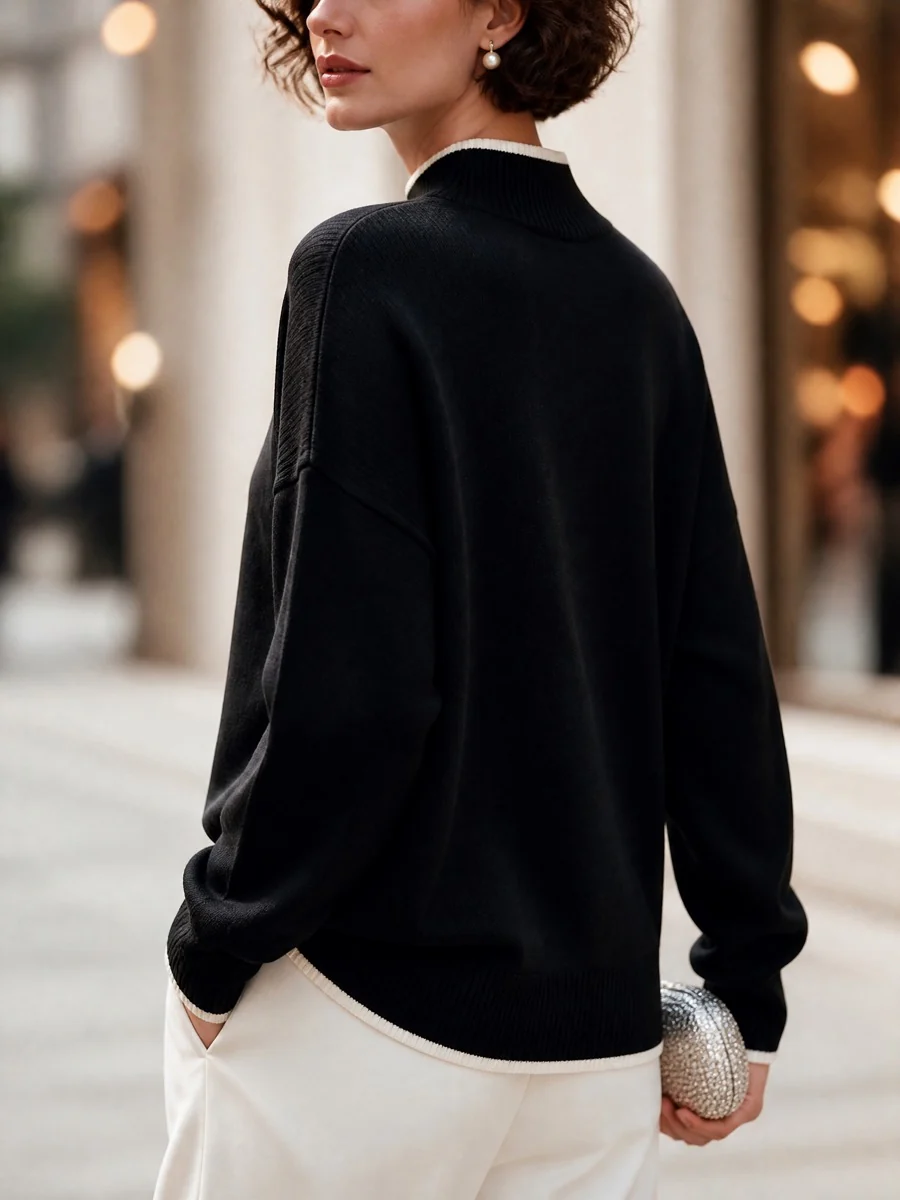 Women's Contrast Trim Mock Neck Long Sleeve Knit Sweater - kaehukai