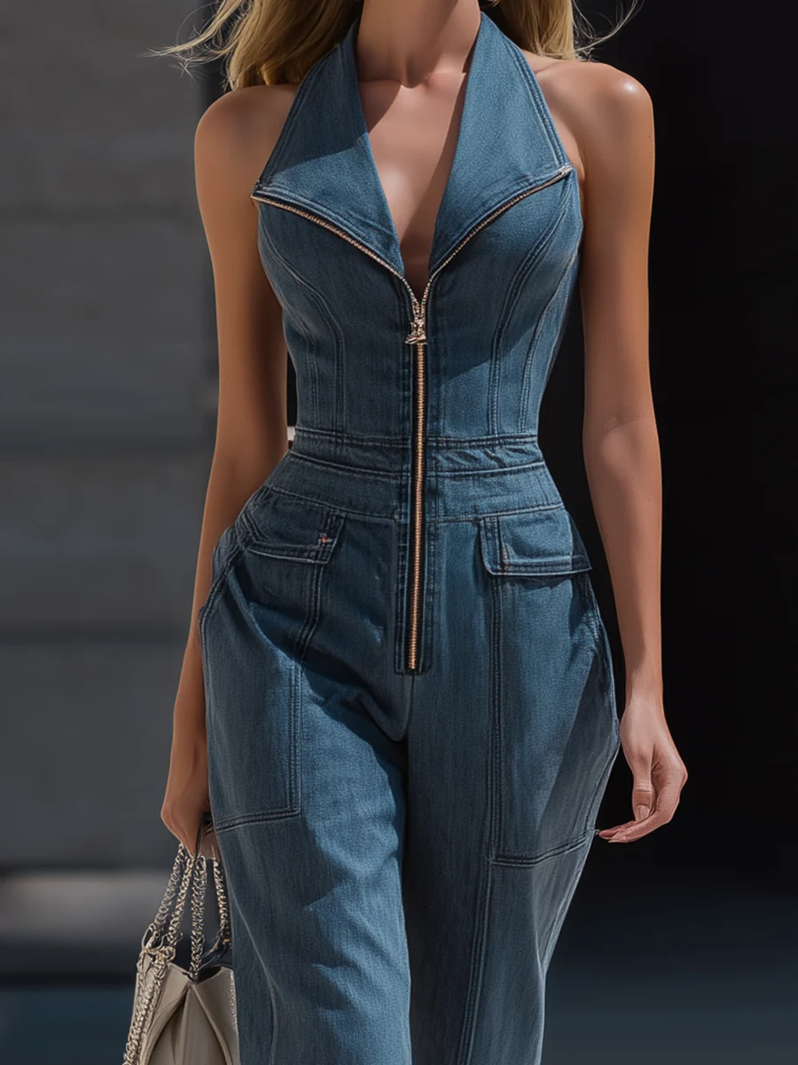 Denim Halter Neck Zip-Front Cropped-Leg Jumpsuit - kaehukai
