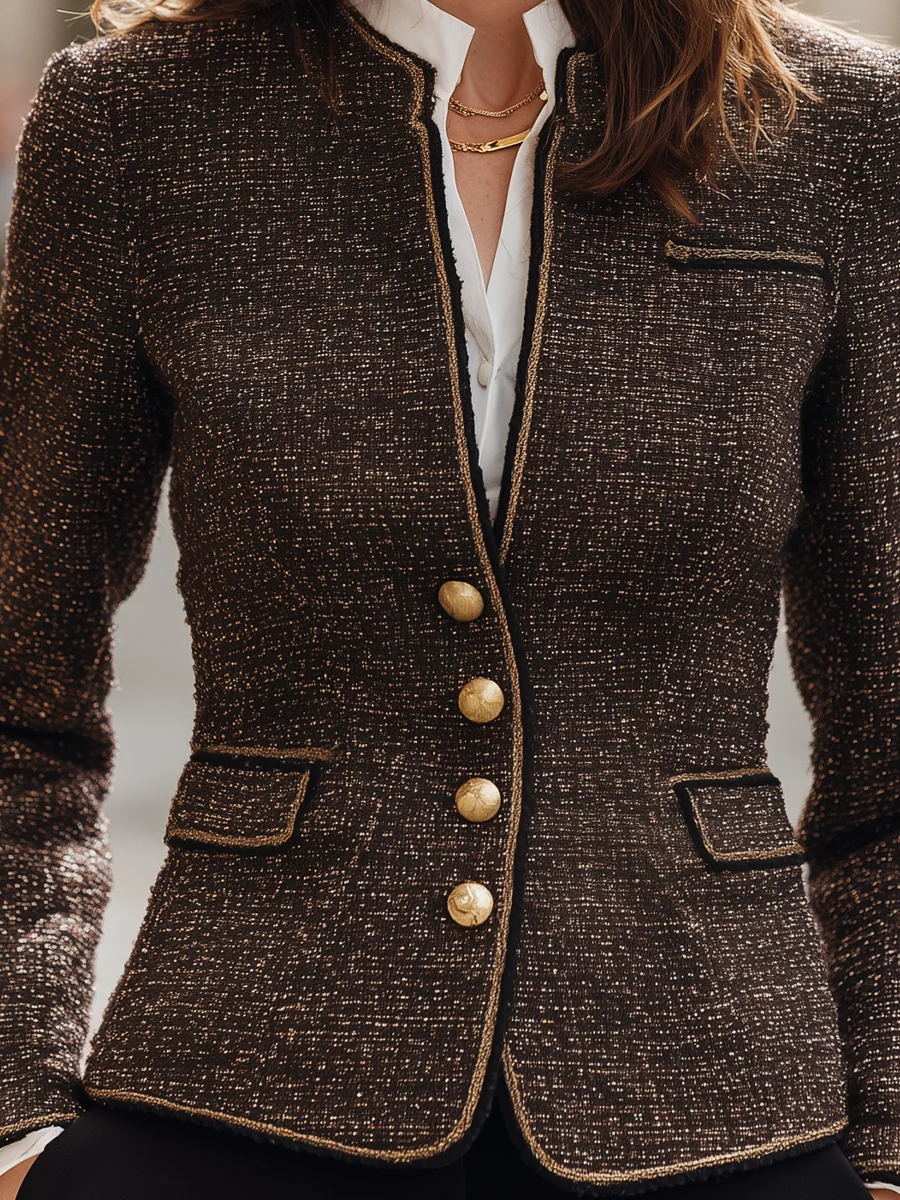Brown Speckled Tweed Stand Collar Fitted Jacket - kaehukai