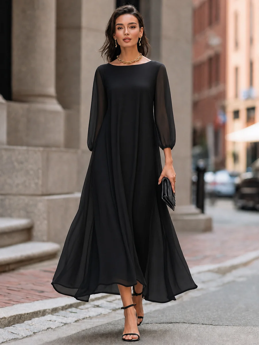 Sheer Sleeve Flowing A-Line Maxi Dress - kaehukai