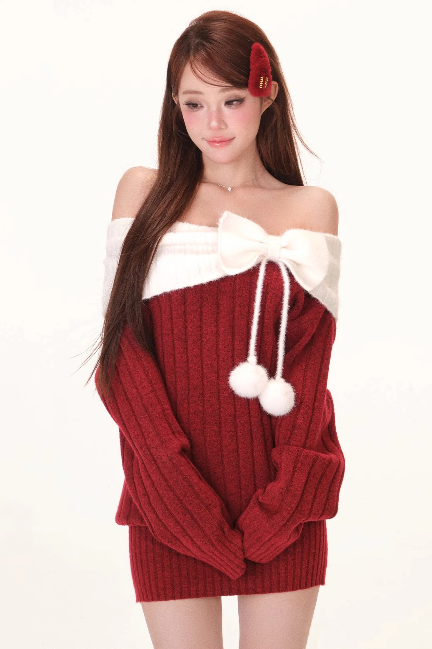 Off-Shoulder Bowknot Pom-Pom Knit Dress - gxfjsh