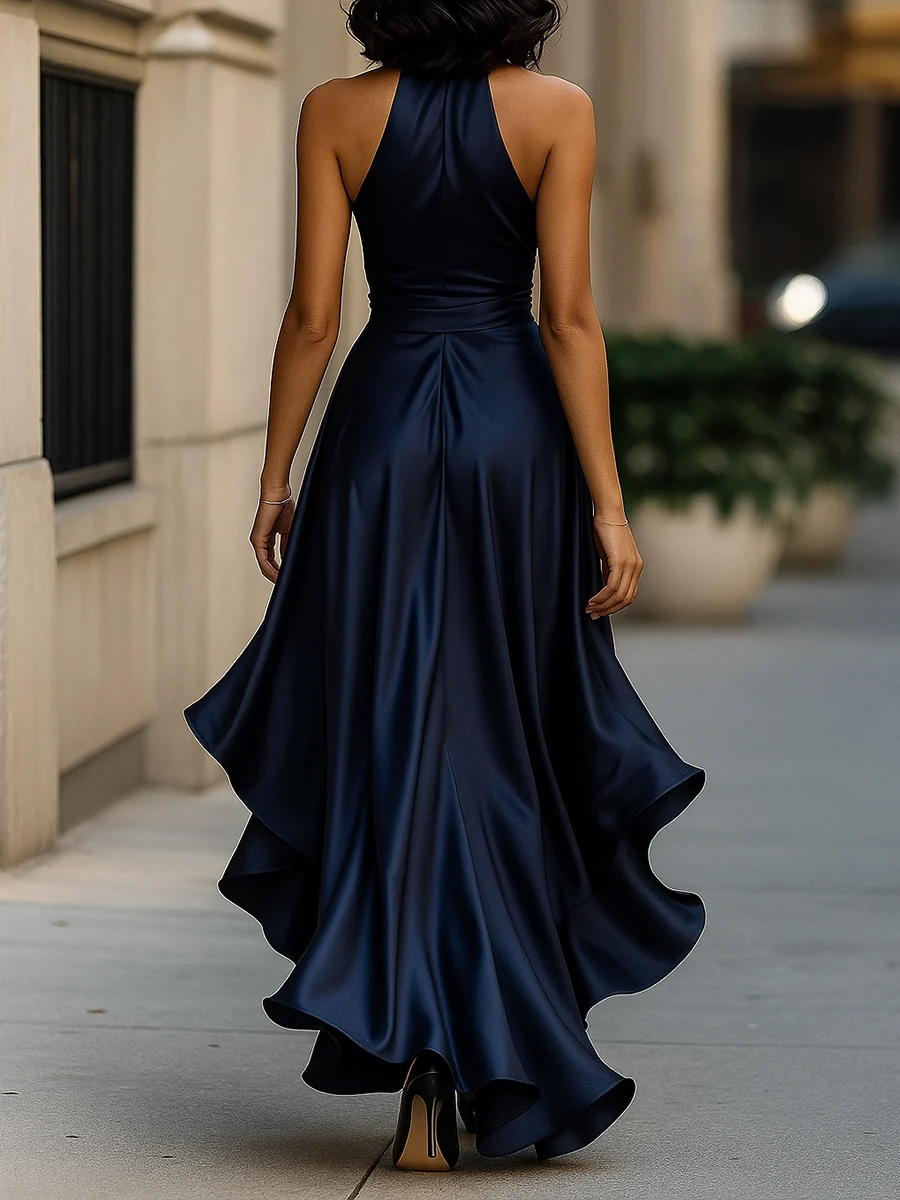 Midnight Elegance Satin Halter Ruffle Gown - kaehukai