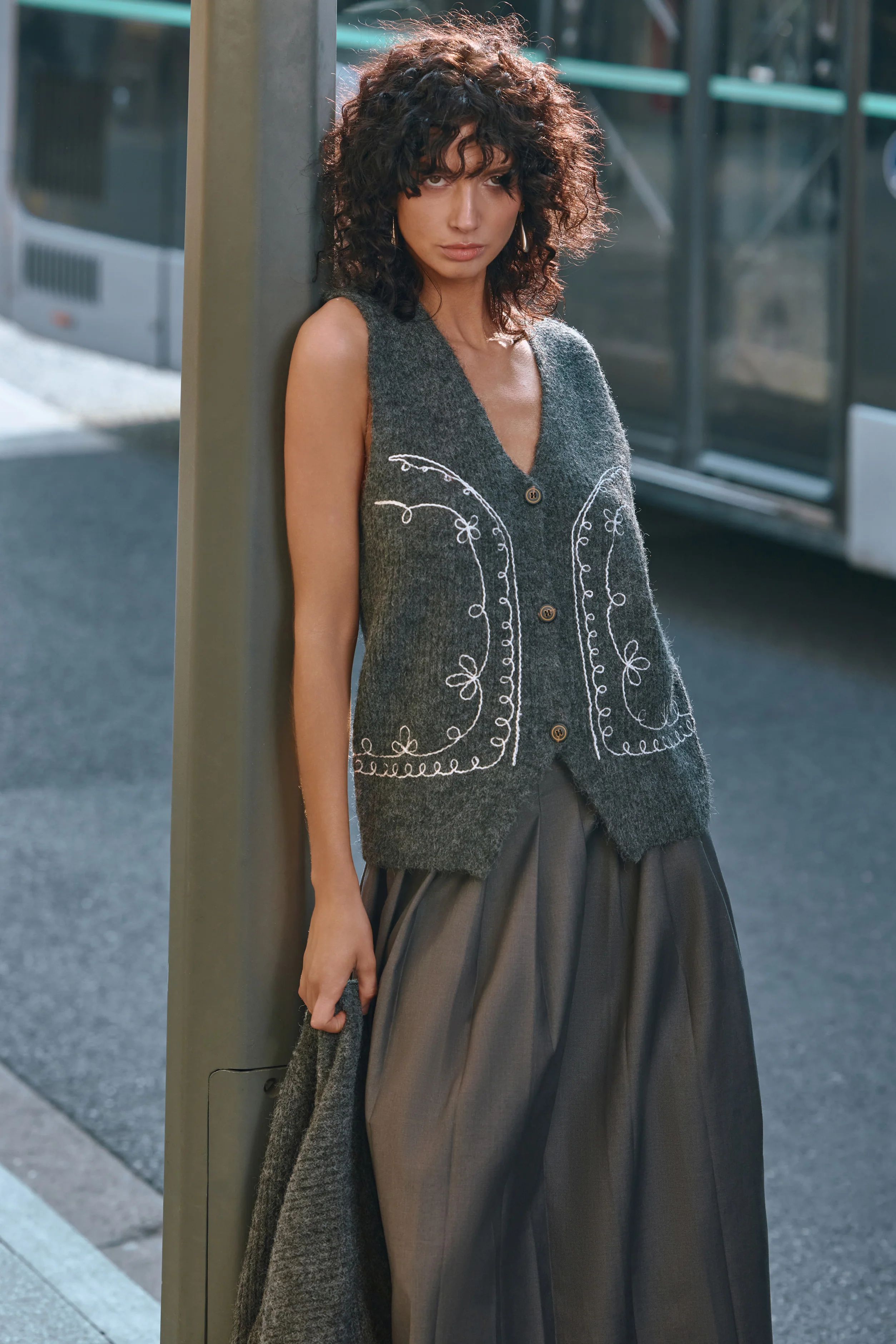Embroidered wool blend vest