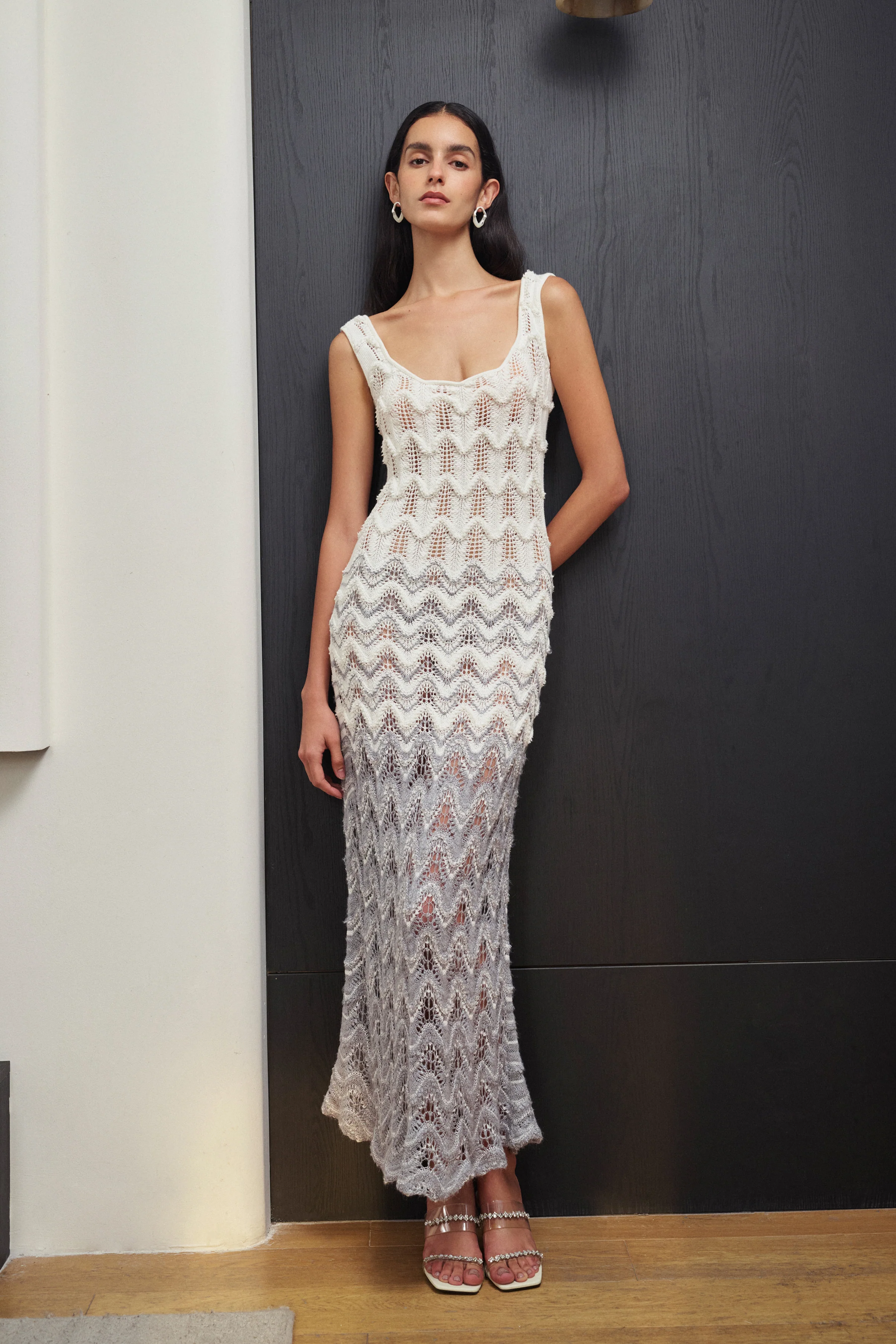 Ombré openwork wave knit maxi dress