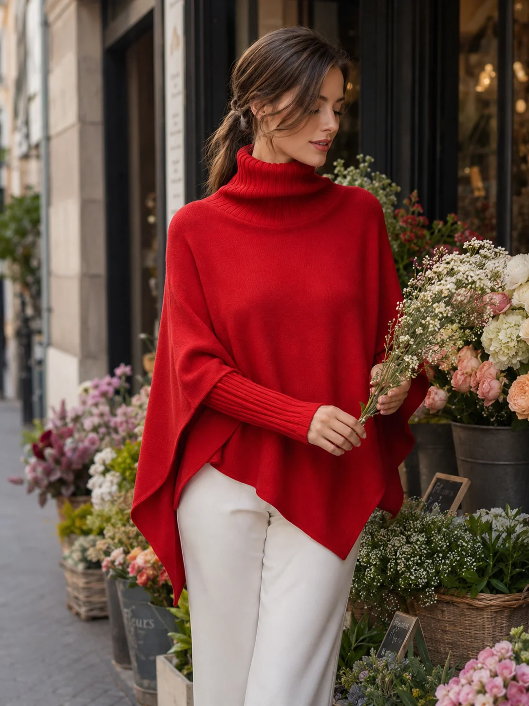 Turtleneck Asymmetrical Knit Poncho Sweater - kaehukai