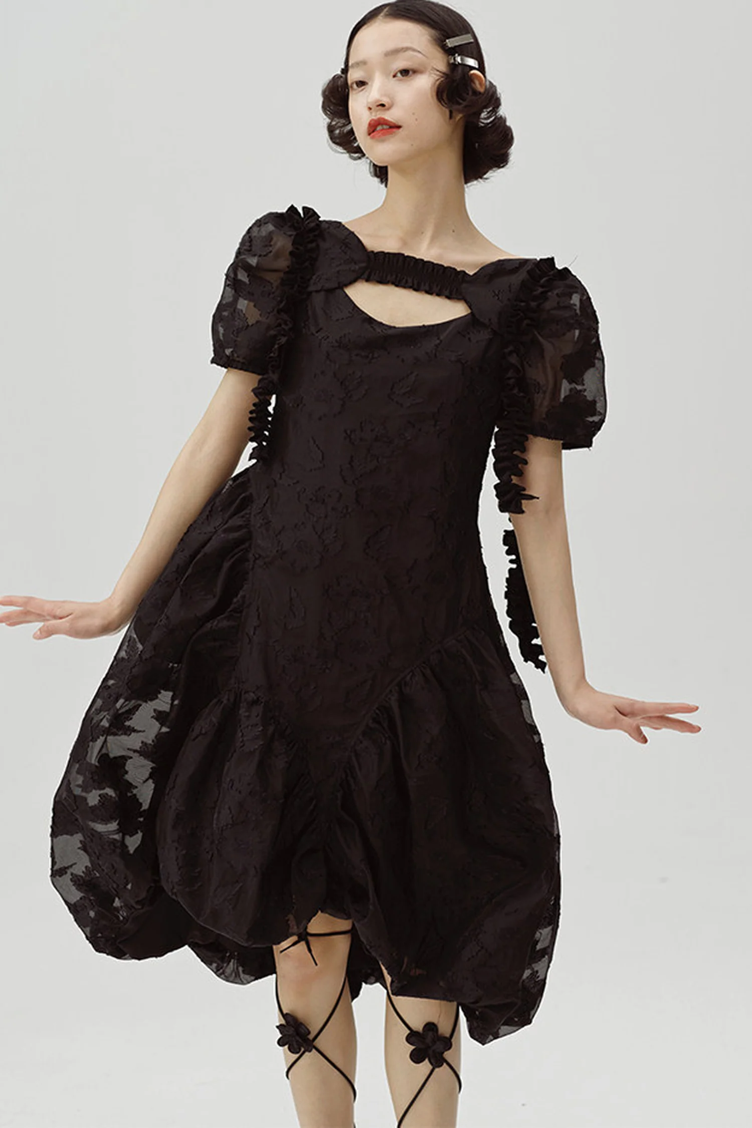 Irregular Floral Puff Dress - gxfjsh