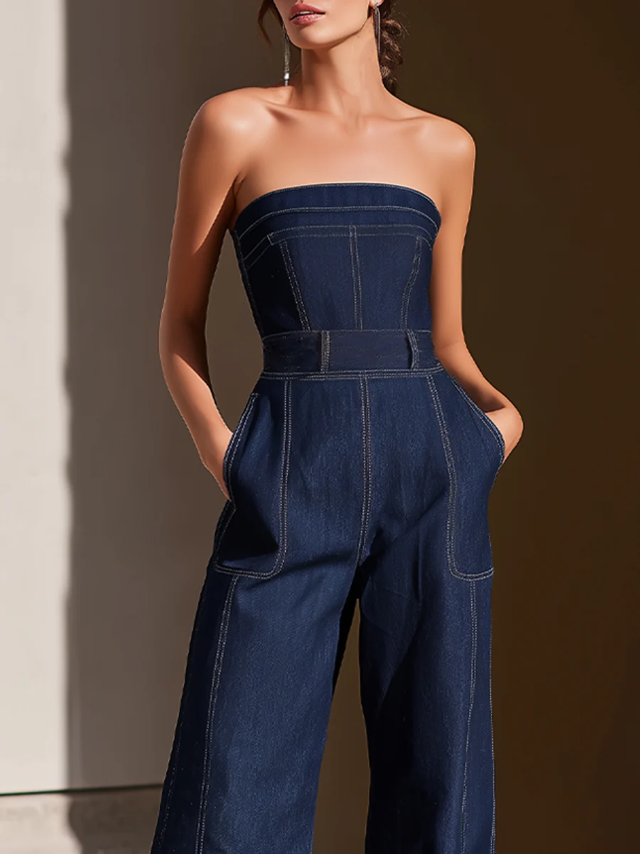 Dark Denim Strapless Wide-Leg Jumpsuit - kaehukai