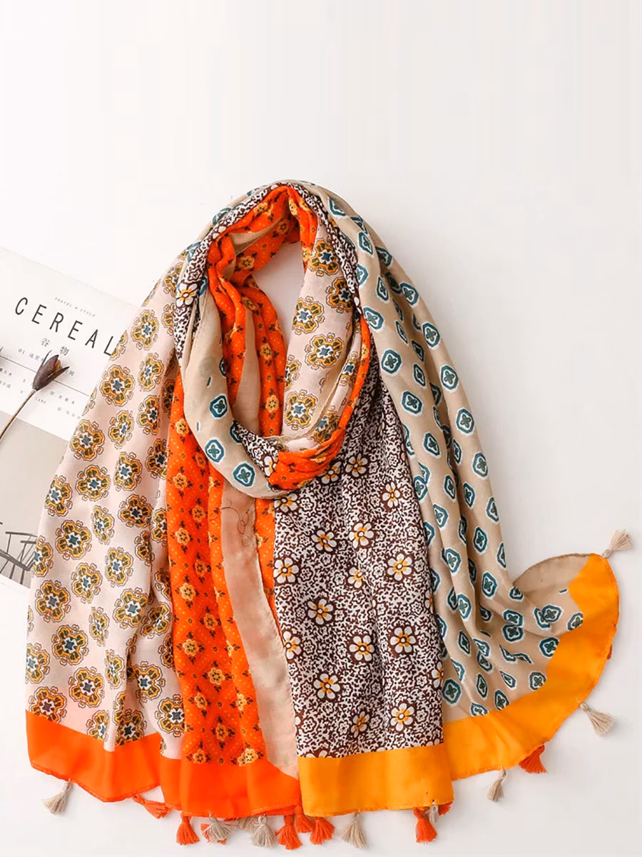 Women Retro Geometric Flower Tassel Shawl Scarf
