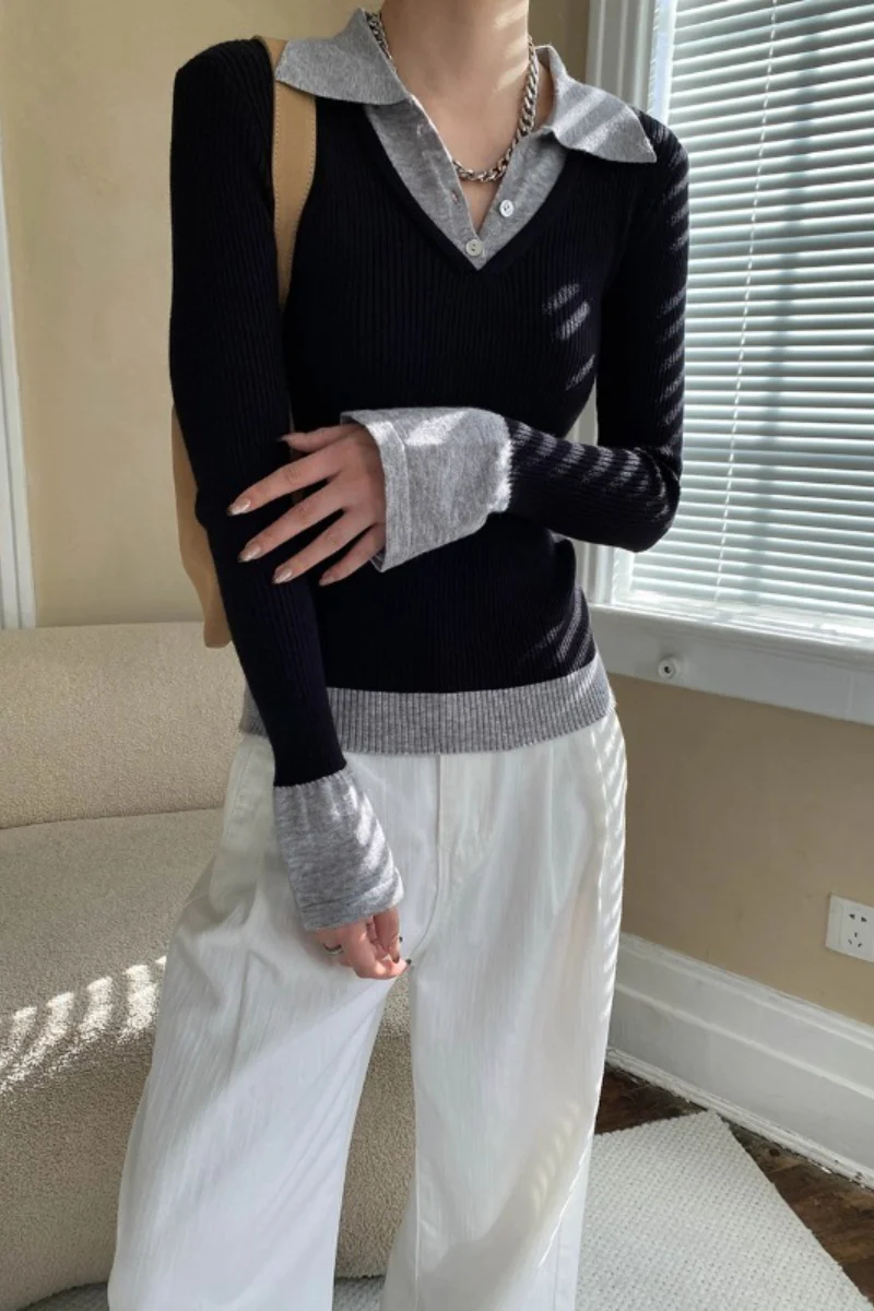 Color Block Faux Two Piece Collar Slim Knit Blouse