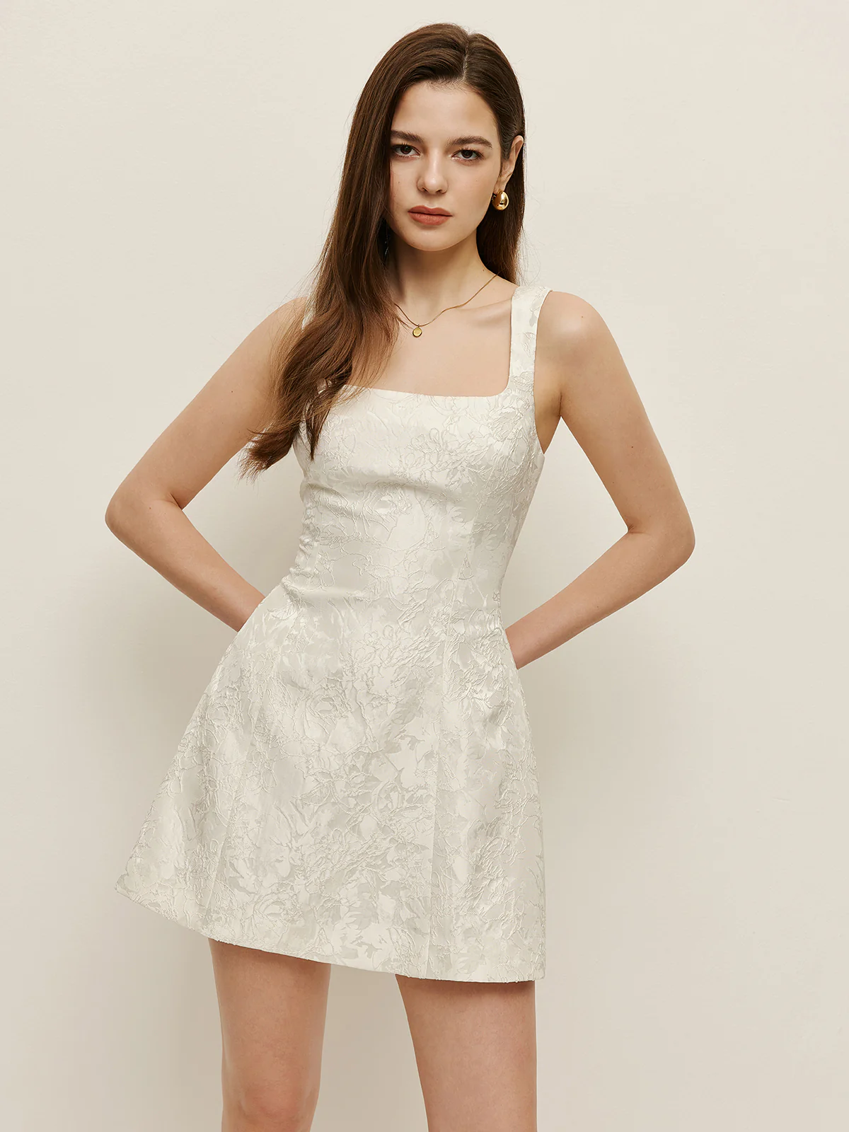 Floral Jacquard Square Neck Dress