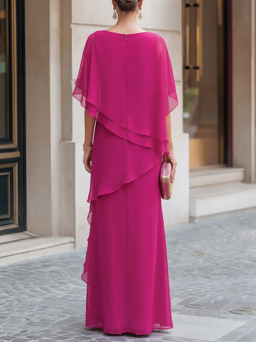 Asymmetric Tiered Chiffon Overlay Cape Maxi Dress - kaehukai