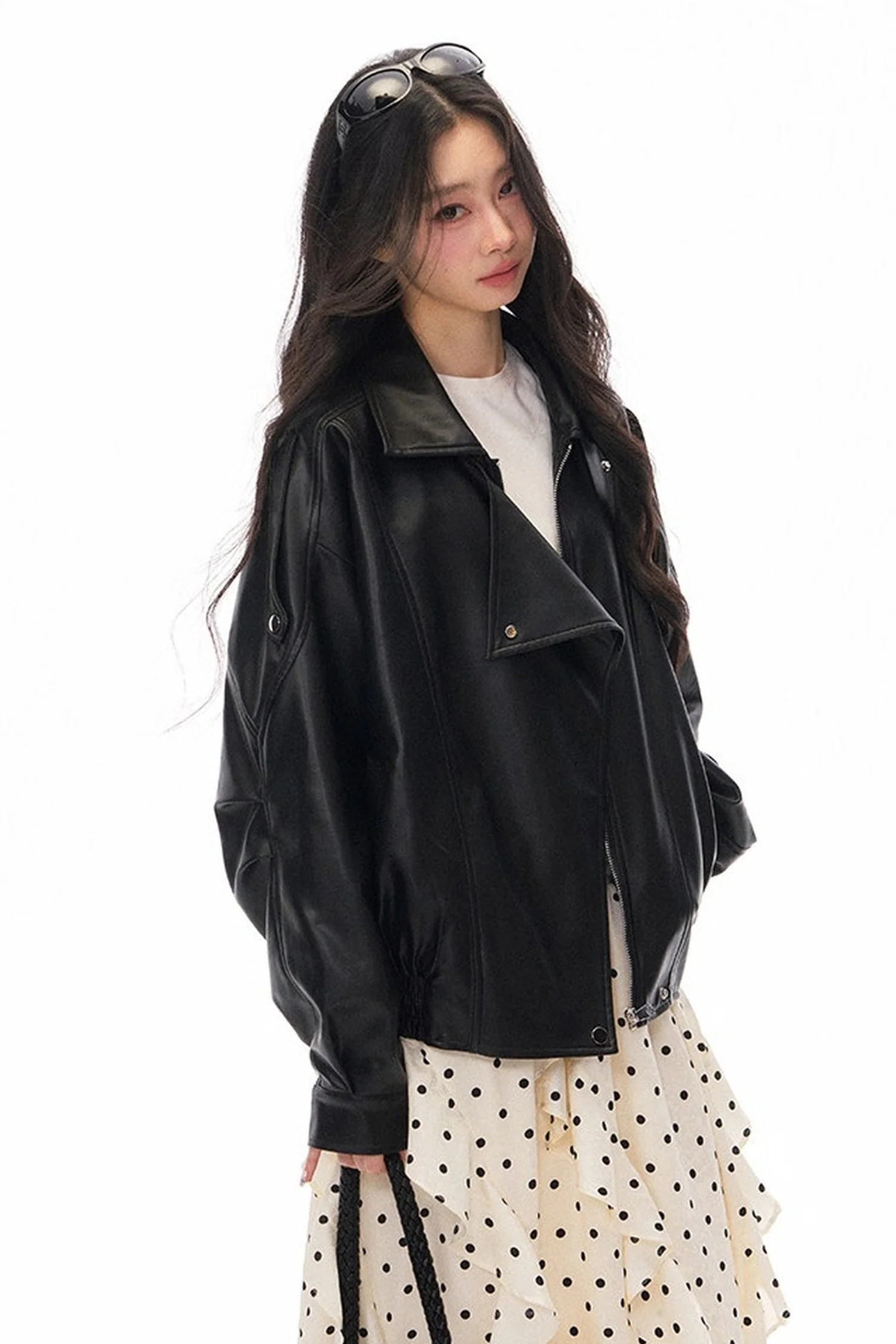Black PU Lapel Biker Jacket, Polka Skirt and Dress Set-Up - gxfjsh