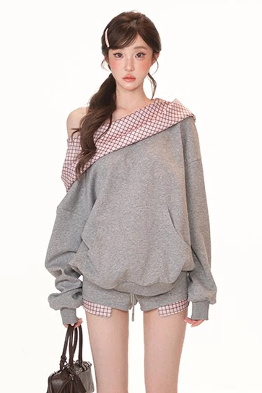 Gray Plaid Patchwork Sweatshirt and Shorts Set-Up - gxfjsh