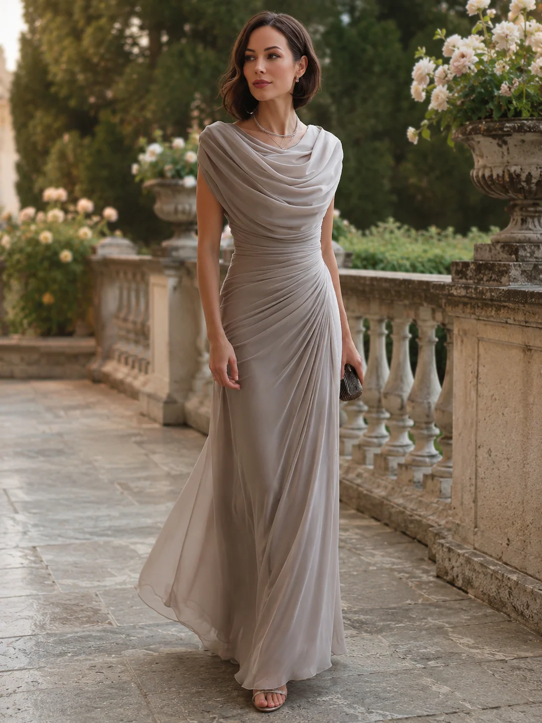 Draped Cowl-Neck Ruched Maxi Dress - kaehukai