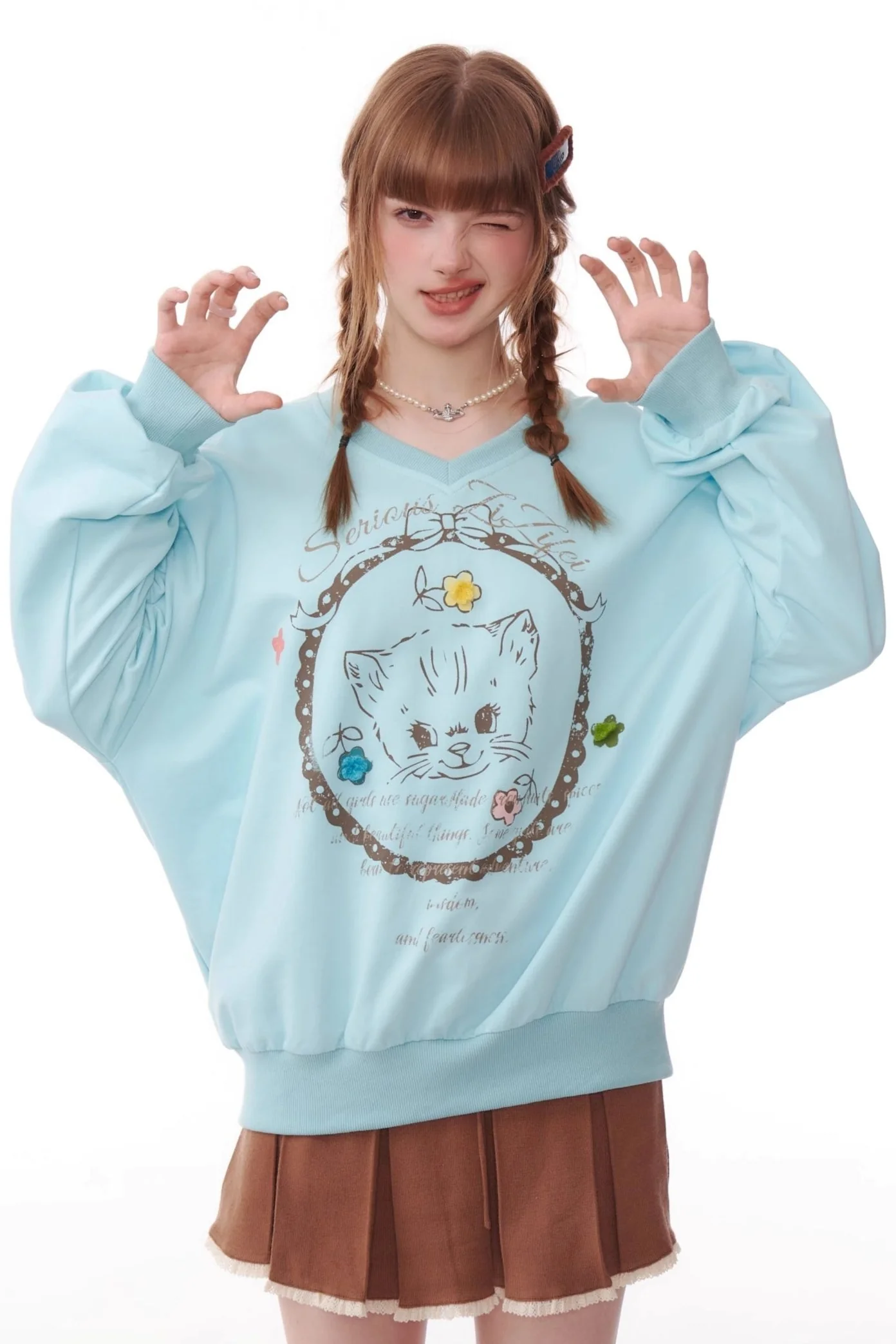 Cat Print Drawstring Loose Sweatshirt